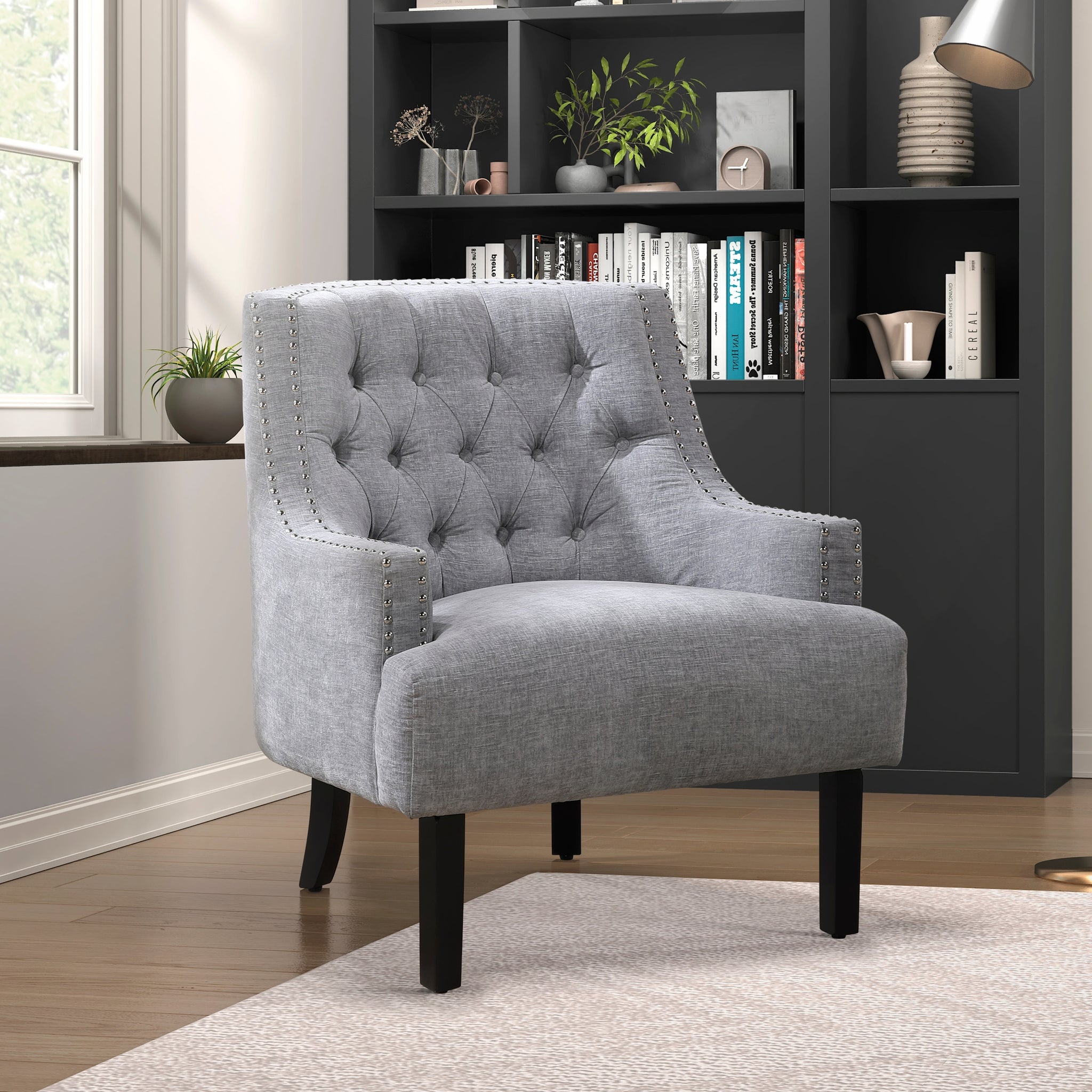 Modern Traditional Accent Chair Gray Chenille Upholstery Button Tufted Solid Wood 1Pc Living Room Furniture Gray Primary Living Space Modern,Traditional Solid Wood
