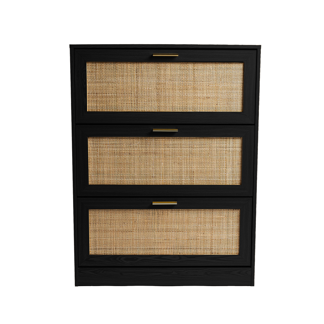 Modern 3 Drawer, Rattan Shoe Cabinet In Ebony Mdf Wood Grain Black Mdf