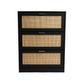 Modern 3 Drawer, Rattan Shoe Cabinet In Ebony Mdf Wood Grain Black Mdf