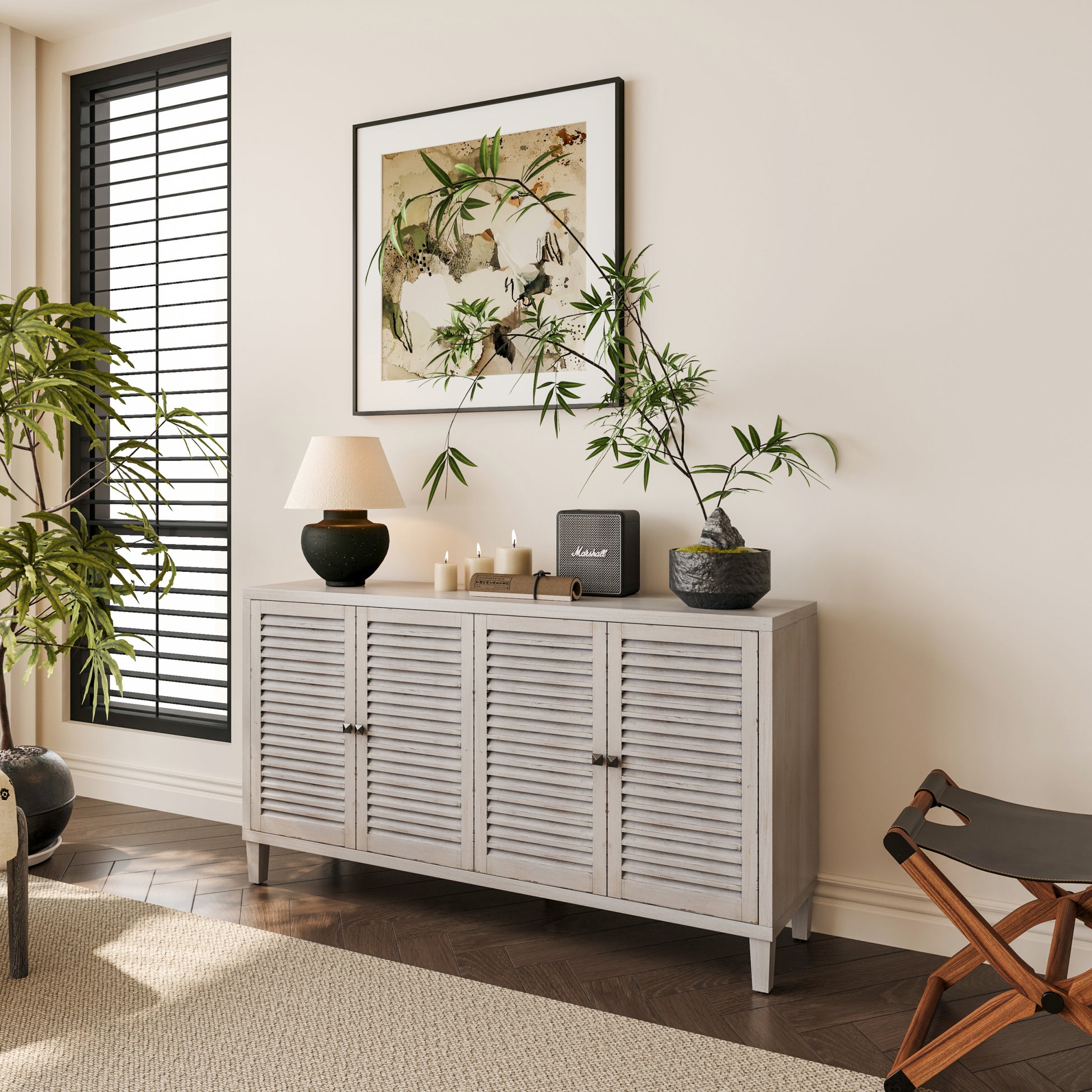 Accent Cabinet 4 Shutter Door Wooden Cabinet Sideboard Buffet Server Cabinet Storage Cabinet, For Living Room, Entryway, Hallway, Office, Kitchen And Dining Room, Distressed White White Washed Farmhouse,Shabby Chic Fir Solid Wood Mdf