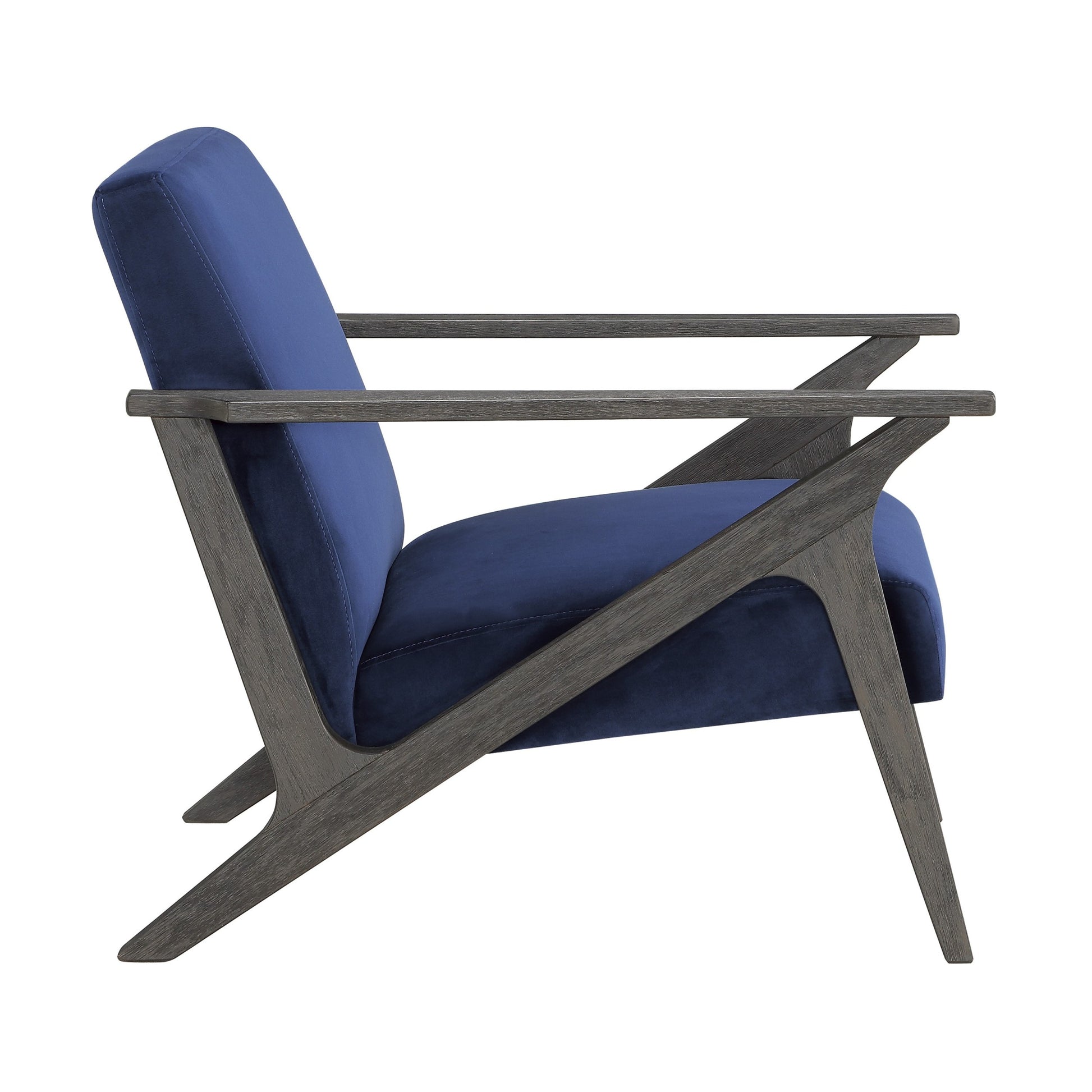 Retro Style Velvet Upholstered Blue Accent Chair 1Pc Solid Rubberwood Antique Gray Finish Modern Home Furniture Navy Modern,Retro Solid Wood