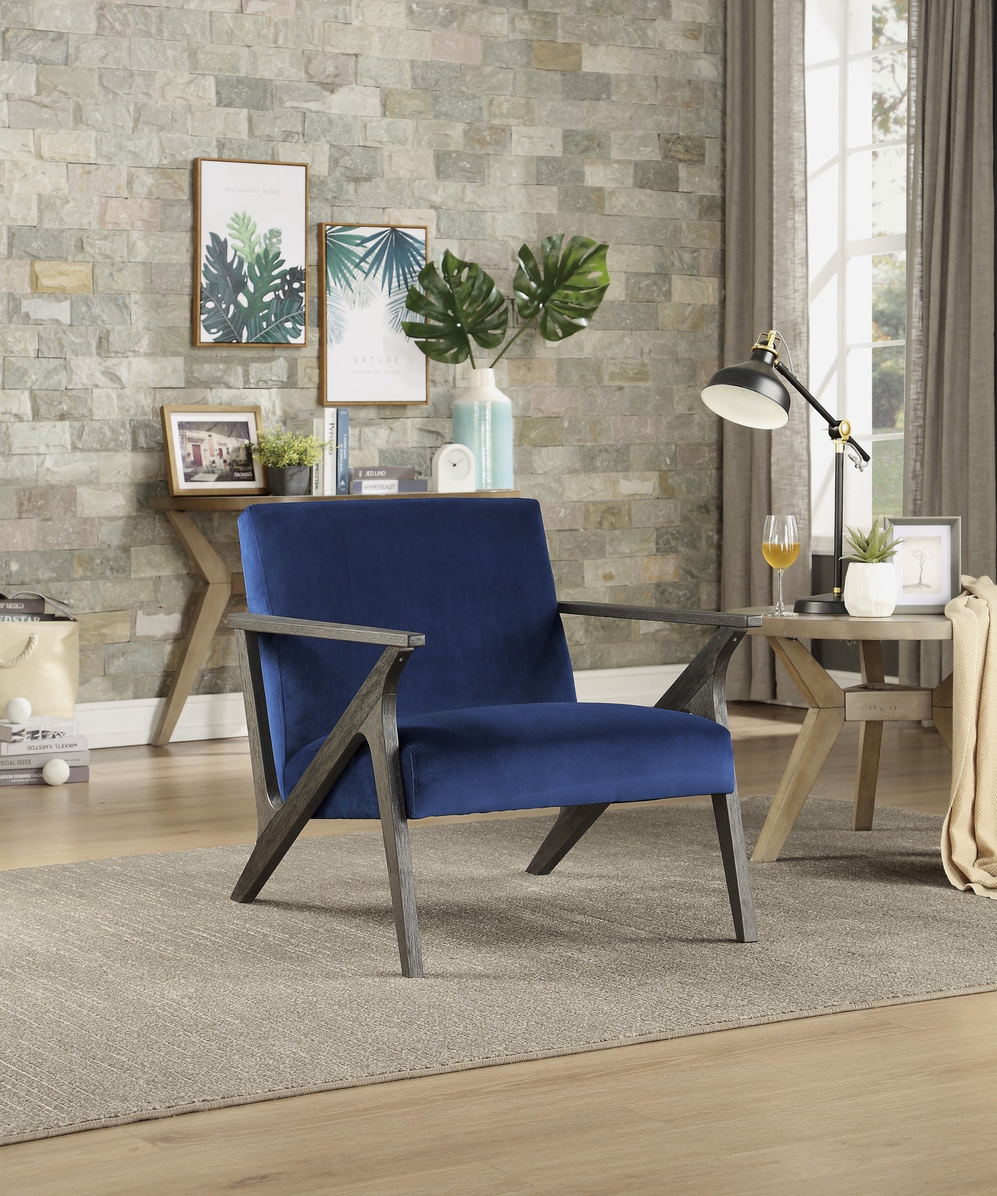 Retro Style Velvet Upholstered Blue Accent Chair 1Pc Solid Rubberwood Antique Gray Finish Modern Home Furniture Navy Modern,Retro Solid Wood