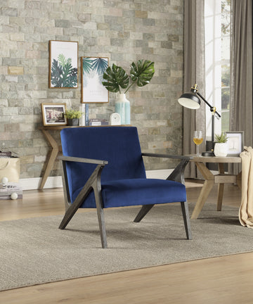 Retro Style Velvet Upholstered Blue Accent Chair 1Pc Solid Rubberwood Antique Gray Finish Modern Home Furniture Navy Modern,Retro Solid Wood