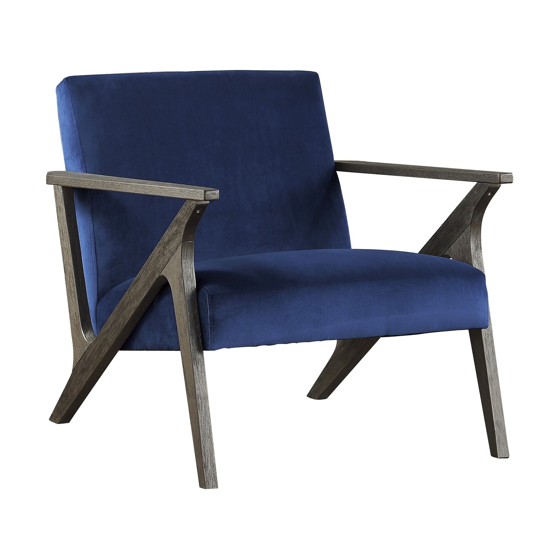 Retro Style Velvet Upholstered Blue Accent Chair 1Pc Solid Rubberwood Antique Gray Finish Modern Home Furniture Navy Modern,Retro Solid Wood