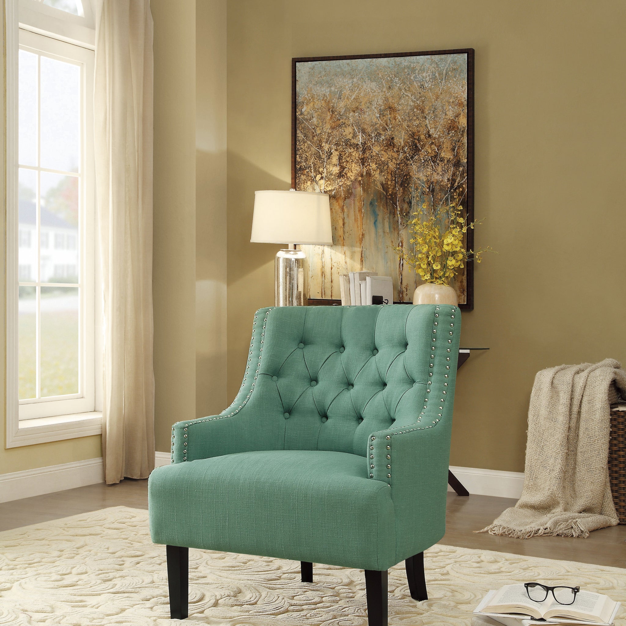 Modern Traditional Accent Chair Button Tufted Teal Textured Fabric Upholstery Solid Wood 1Pc Living Room Furniture Teal Primary Living Space Modern,Traditional Solid Wood