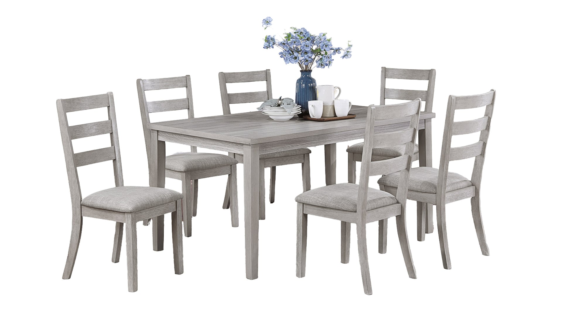 Classic Simple Rustic Gray Finish 7Pc Dining Set Kitchen Dinette Wooden Top Table And Chairs Cushions Seats Ladder Back Chair Dining Room Gray Wood Dining Room Rectangular Dining Table With Chair Upholstered Chair Wood Gray Ladder Back Seats 6 60 Inches