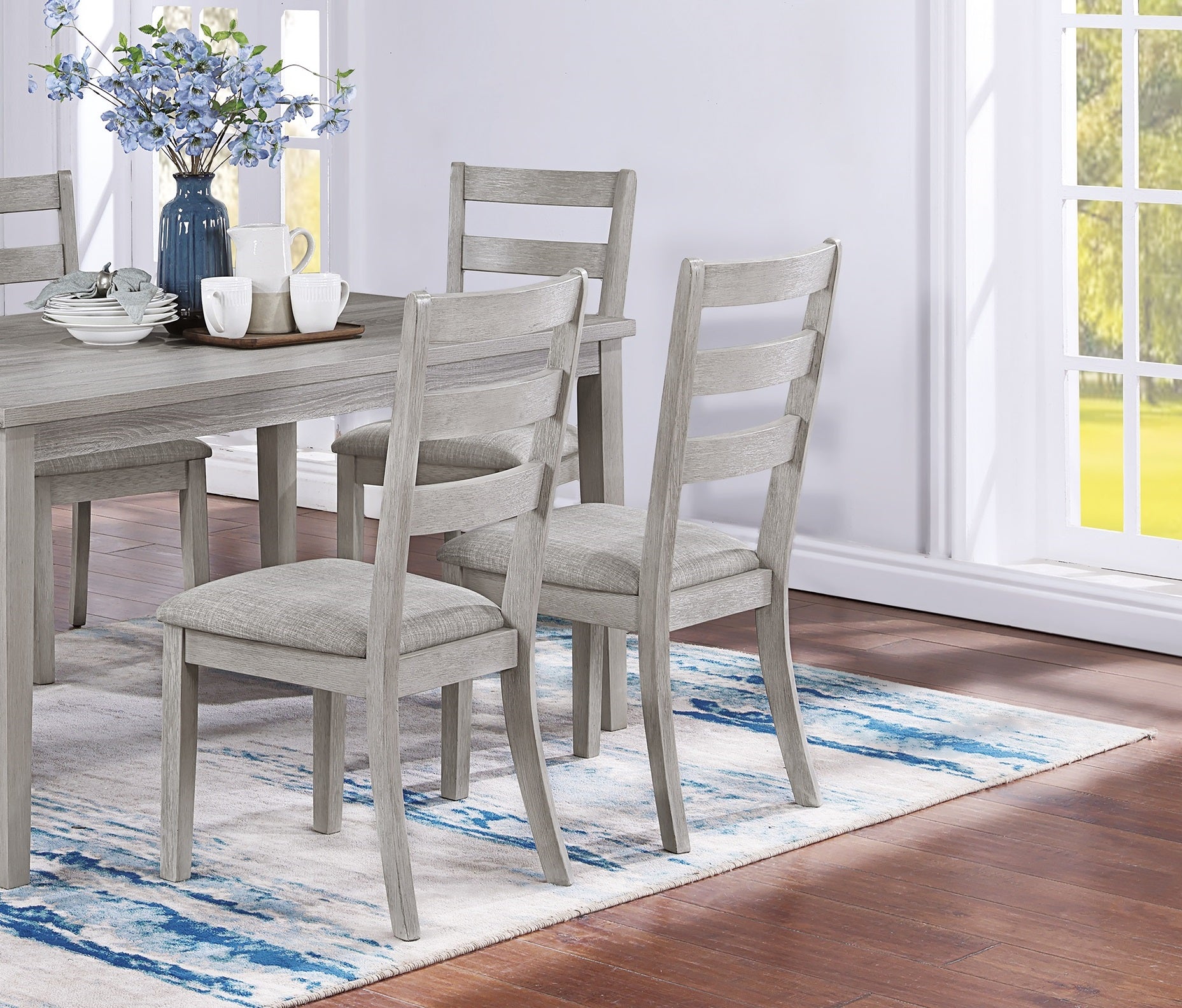 Classic Simple Rustic Gray Finish 7Pc Dining Set Kitchen Dinette Wooden Top Table And Chairs Cushions Seats Ladder Back Chair Dining Room Gray Wood Dining Room Rectangular Dining Table With Chair Upholstered Chair Wood Gray Ladder Back Seats 6 60 Inches