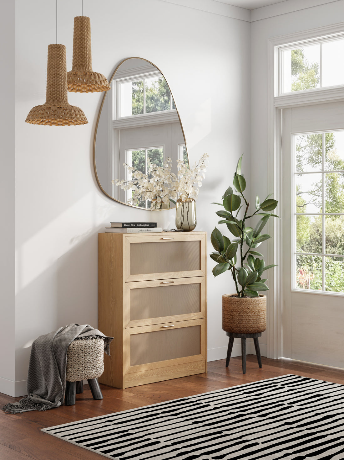 Modern 3 Drawer, Rattan Shoe Cabinet In Natural Mdf Wood Grain Natural Natural Light Brown Boho Mdf