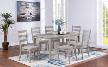 Classic Simple Rustic Gray Finish 7Pc Dining Set Kitchen Dinette Wooden Top Table And Chairs Cushions Seats Ladder Back Chair Dining Room Gray Wood Dining Room Rectangular Dining Table With Chair Upholstered Chair Wood Gray Ladder Back Seats 6 60 Inches