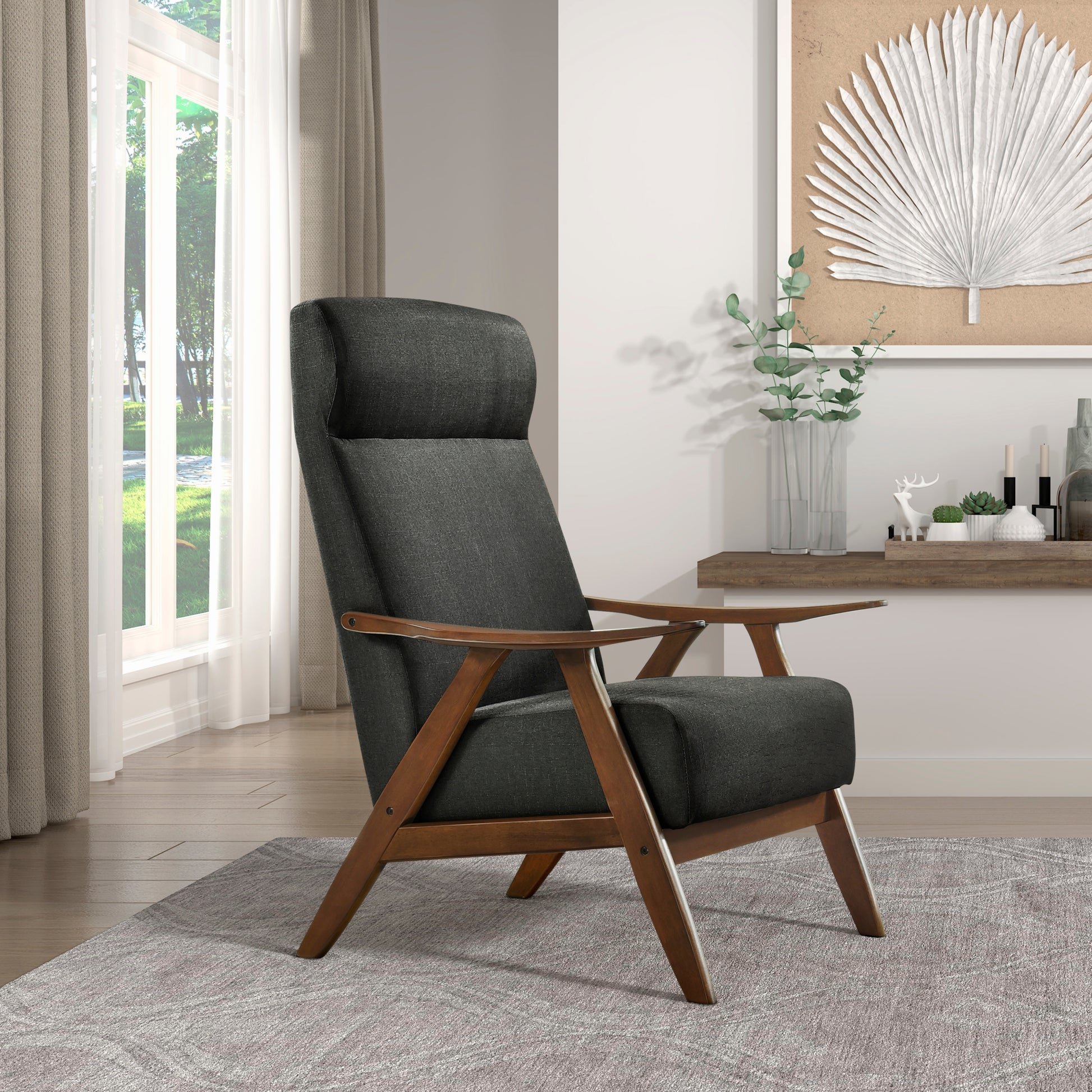 Modern Accent Chair 1Pc Dark Gray High Back Chair Cushion Seat And Back Walnut Finish Solid Wood Living Room Furniture Dark Gray Primary Living Space Modern,Traditional Rubberwood Solid Wood