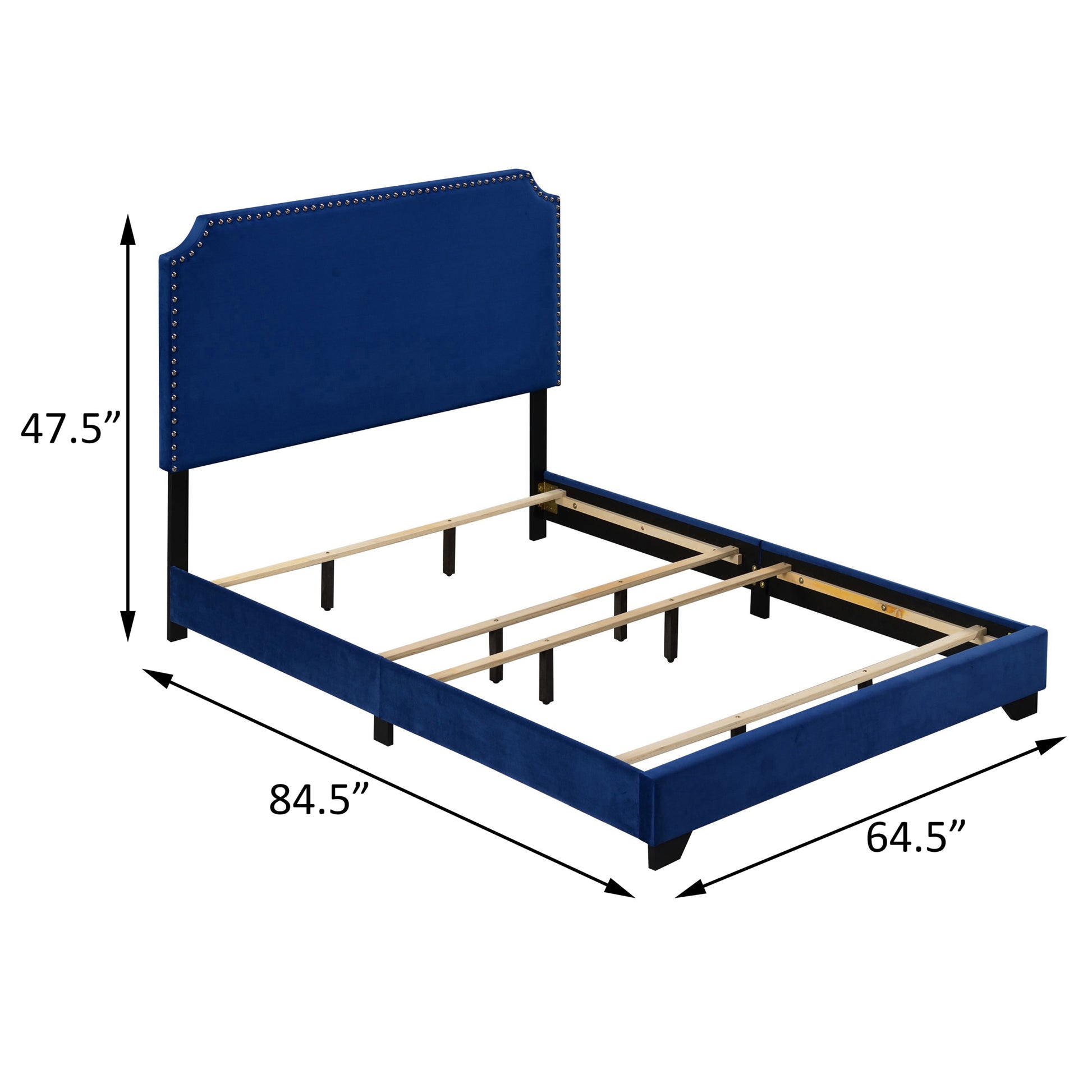 Blue Queen Panel Bed With Scooped Headboard Box Spring Required Queen Blue Wood Bedroom Panel Velvet Velvet