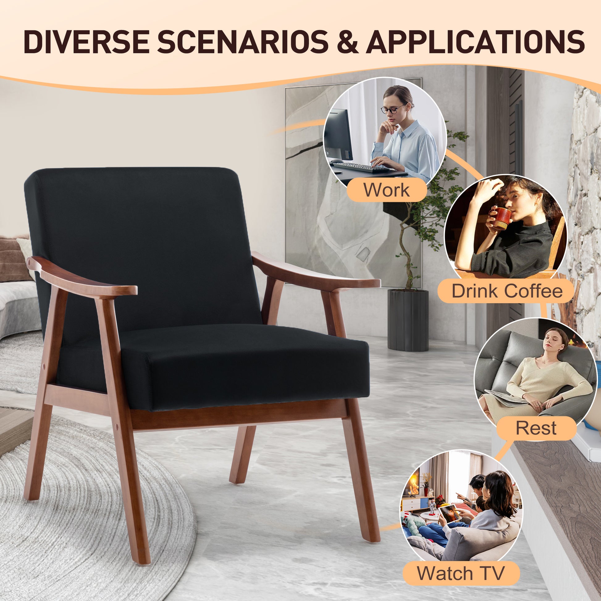 Mid Century Modern Chair, Living Room Chair With Solid Wood Frame, Accent Chair Extra Thick Backrest, Wingback Chair For Bedroom, Reading Room, Living Room, Lounge Chair Indoor Black Primary Living Space Mid Century Modern Foam Velvet