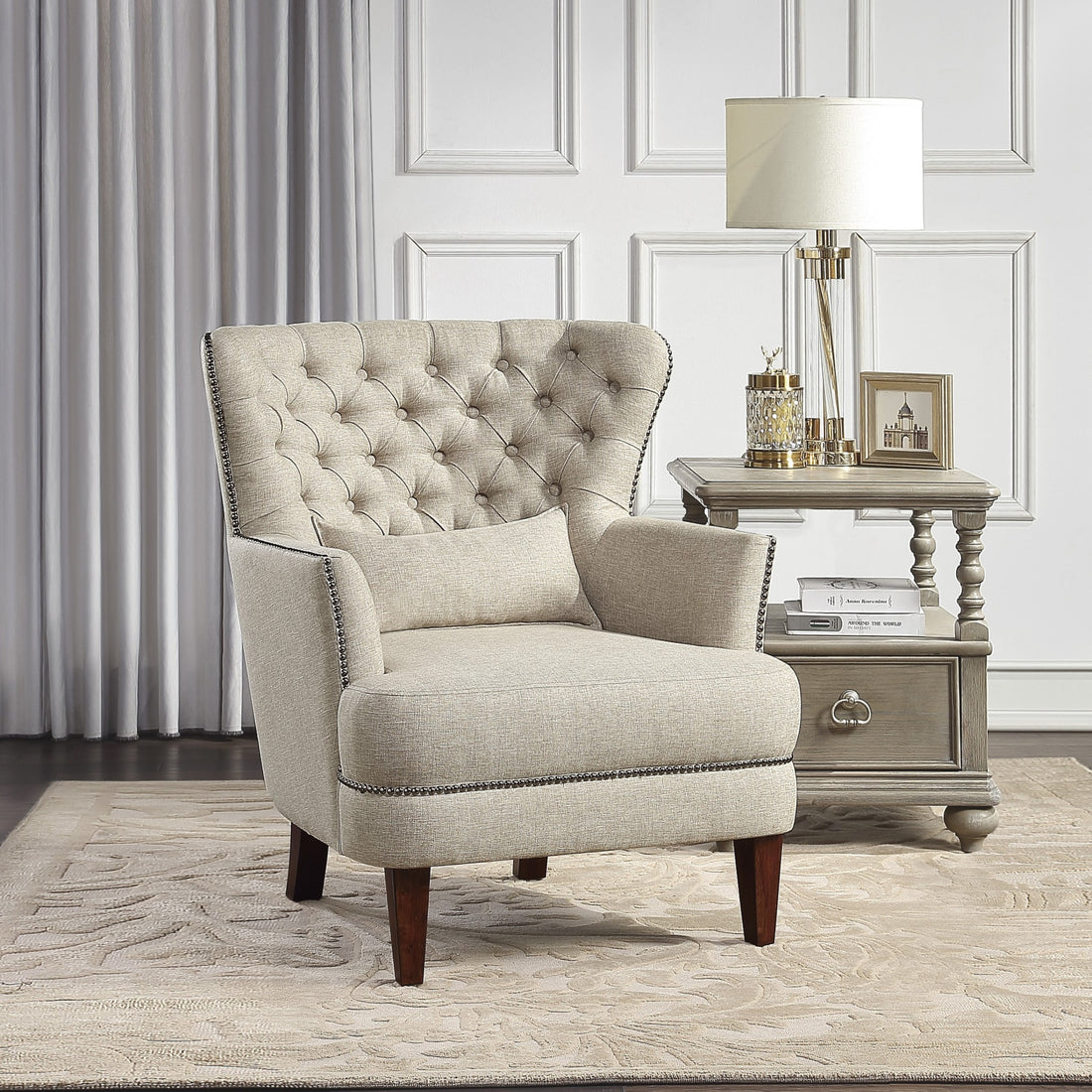 Traditional Living Room Luxury Accent Chair 1Pc High Flair Back Button Tufted Beige Trim Lumbar Pillow Soldi Wood Furniture Beige Luxury,Traditional Solid Wood