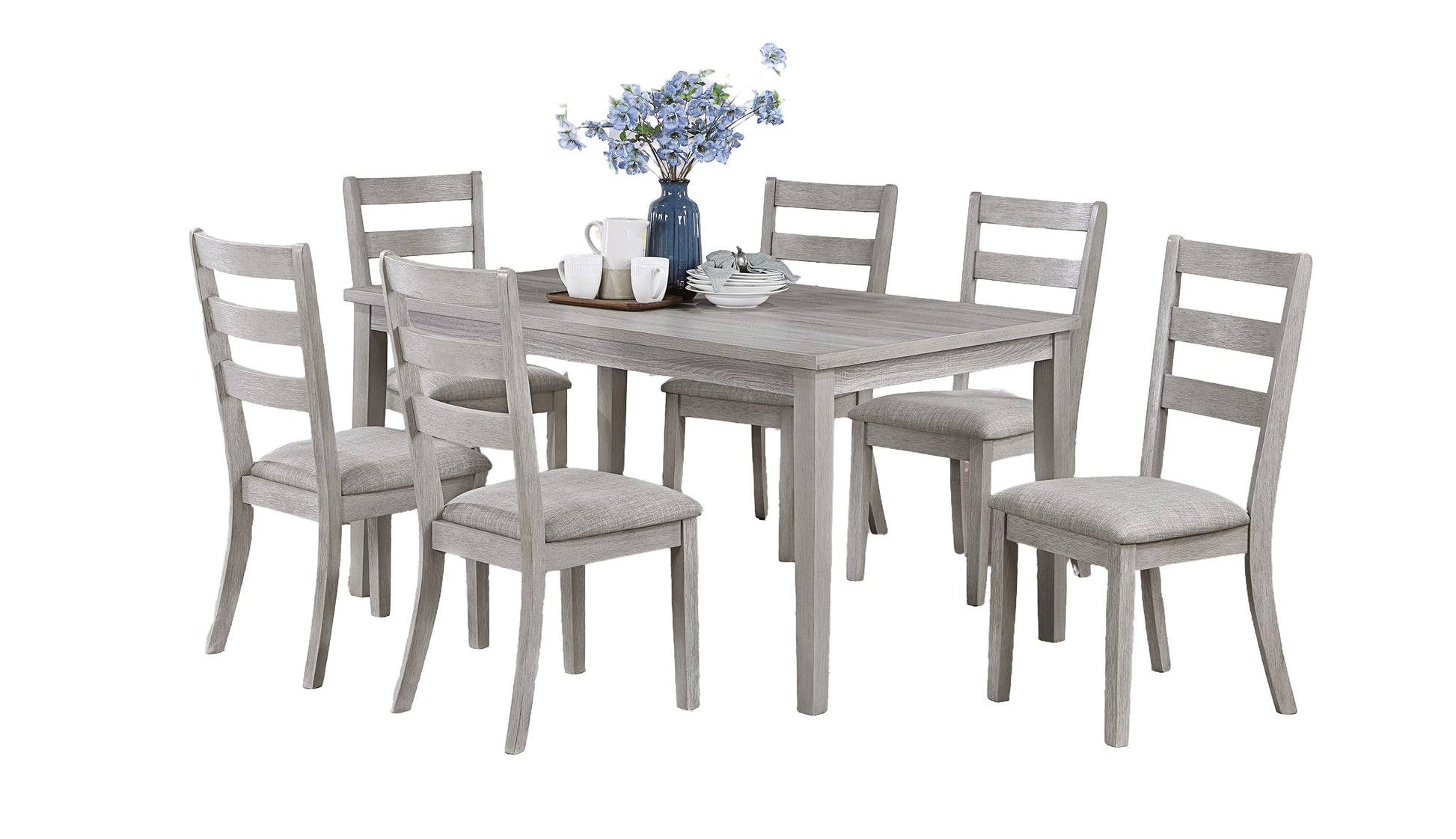 Classic Simple Rustic Gray Finish 7Pc Dining Set Kitchen Dinette Wooden Top Table And Chairs Cushions Seats Ladder Back Chair Dining Room Gray Wood Dining Room Rectangular Dining Table With Chair Upholstered Chair Wood Gray Ladder Back Seats 6 60 Inches