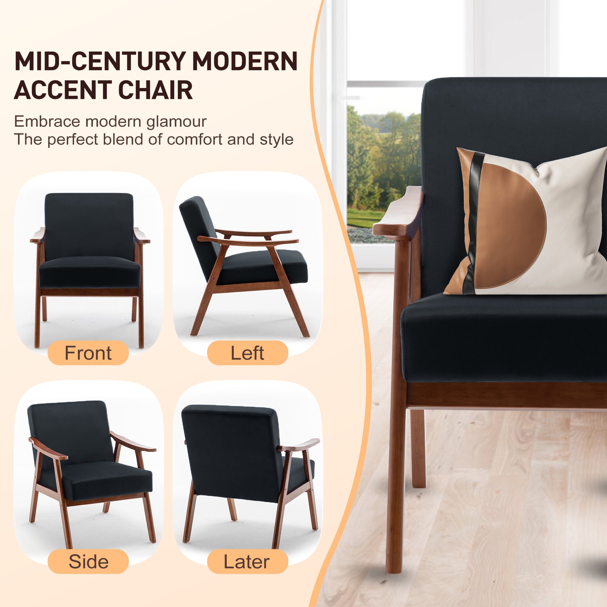 Mid Century Modern Chair, Living Room Chair With Solid Wood Frame, Accent Chair Extra Thick Backrest, Wingback Chair For Bedroom, Reading Room, Living Room, Lounge Chair Indoor Black Primary Living Space Mid Century Modern Foam Velvet