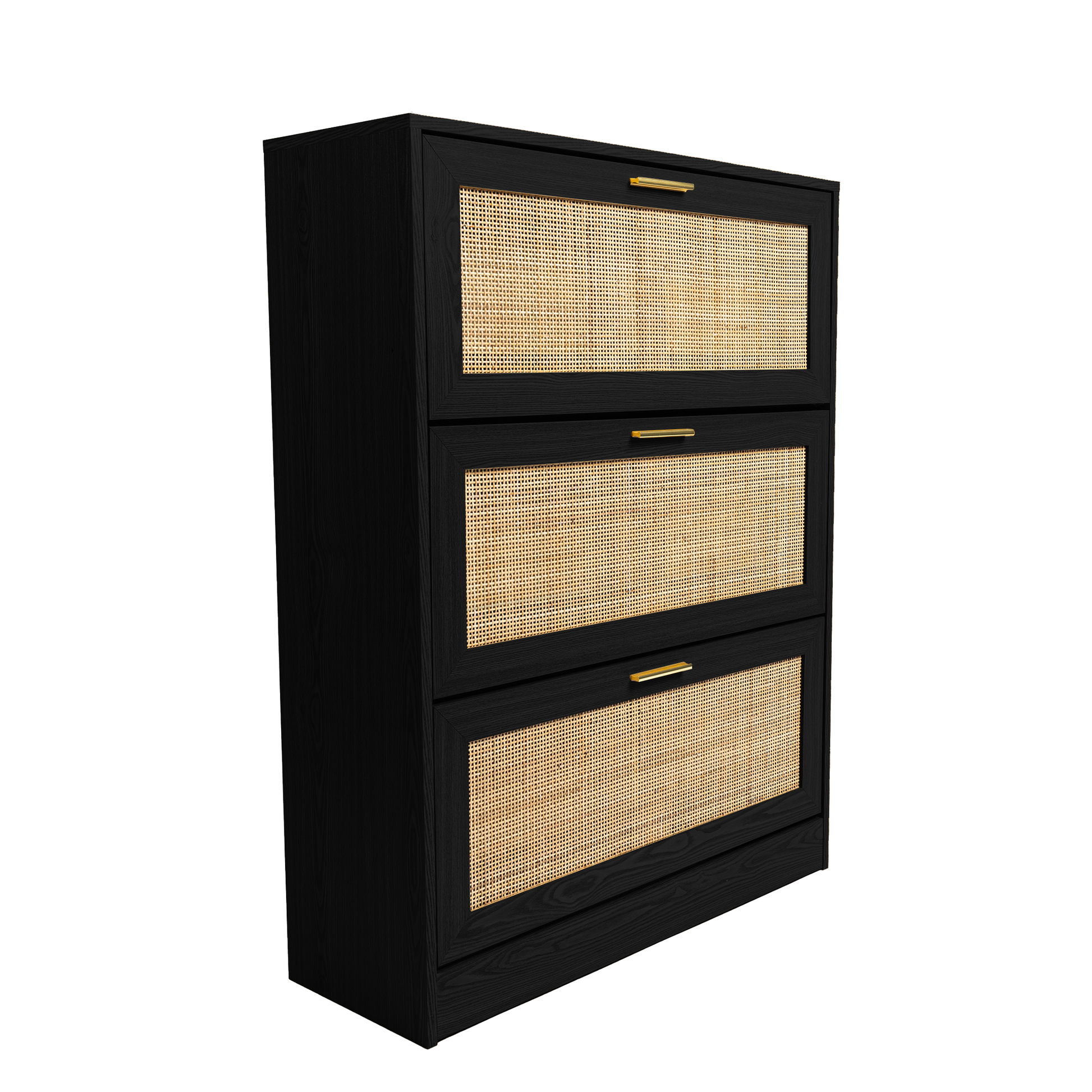 Modern 3 Drawer, Rattan Shoe Cabinet In Ebony Mdf Wood Grain Black Mdf