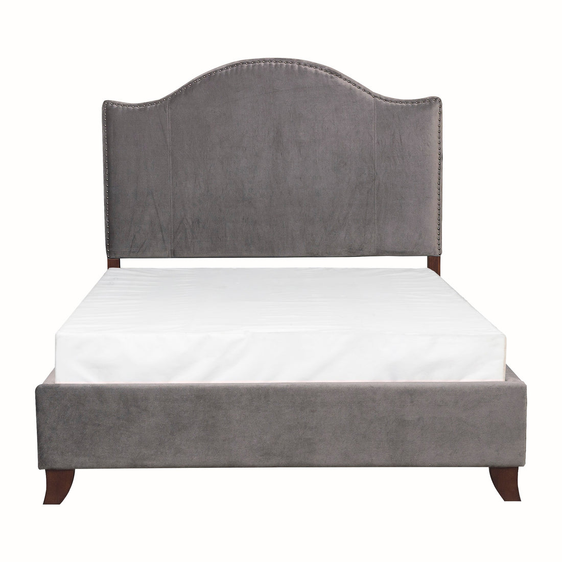 Modern Traditional Bedroom Gray Velvet Upholstered Queen Bed Camelback Headboard Trim Solid Wood Furniture 1Pc Panel Bed Box Spring Required Queen Gray Wood Bedroom Modern,Traditional Panel Velvet Solid Wood