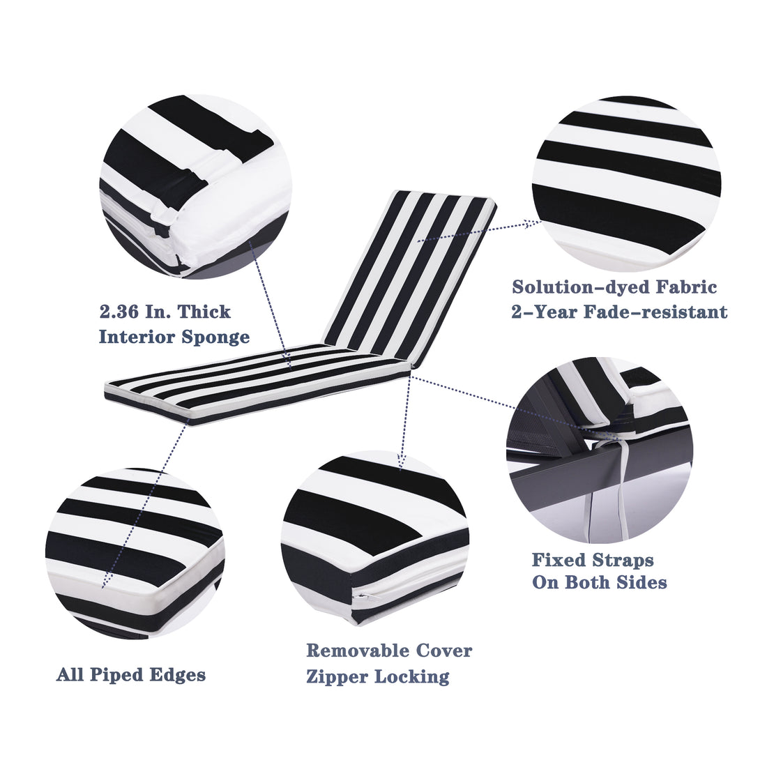 2Pcs Outdoor Lounge Chair Cushion Replacement Patio Funiture Seat Cushion Chaise Lounge Cushion Black White Stripe Black White Polyester