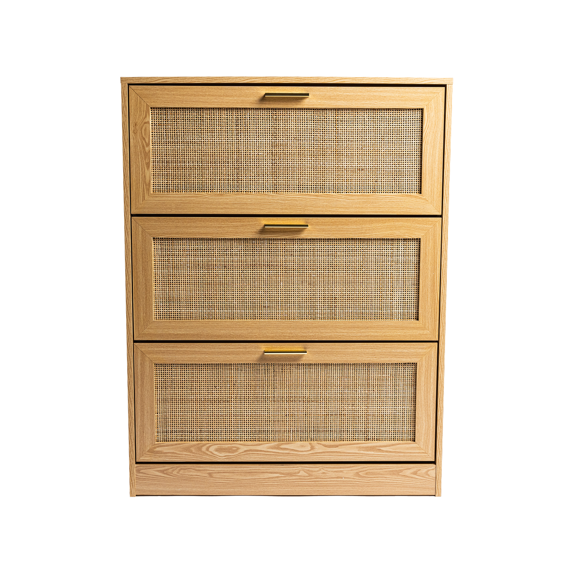 Modern 3 Drawer, Rattan Shoe Cabinet In Natural Mdf Wood Grain Natural Natural Light Brown Boho Mdf