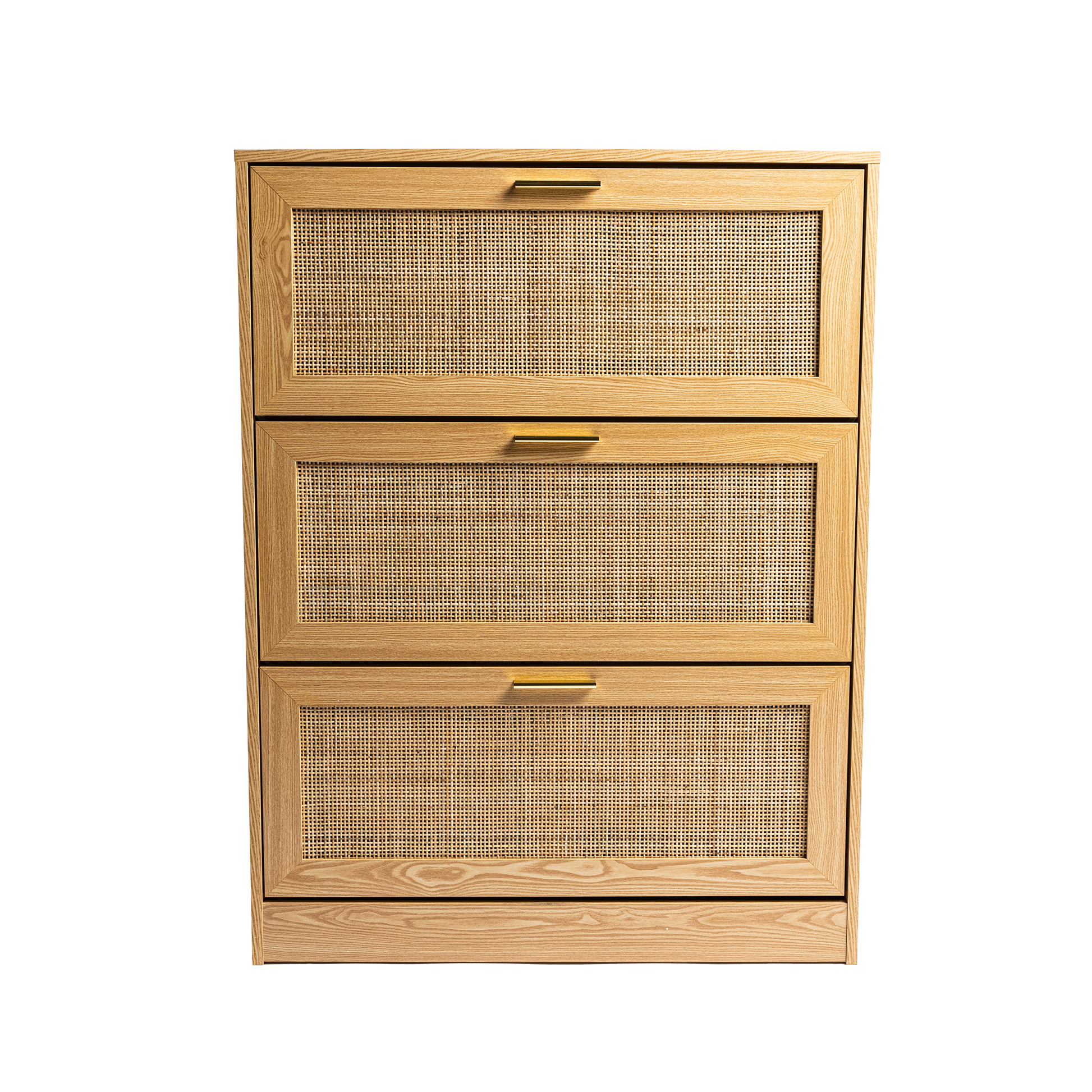 Modern 3 Drawer, Rattan Shoe Cabinet In Natural Mdf Wood Grain Natural Natural Light Brown Boho Mdf