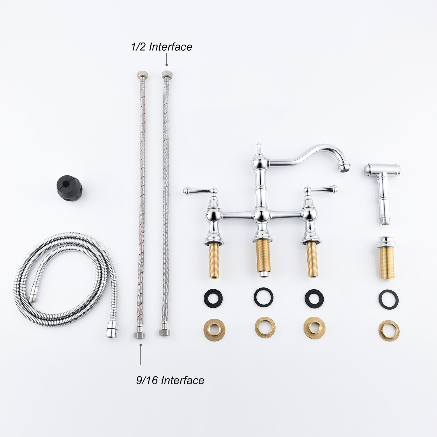 Bridge Dual Handles Kitchen Faucet With Pull Out Side Spray In Chrome Brass