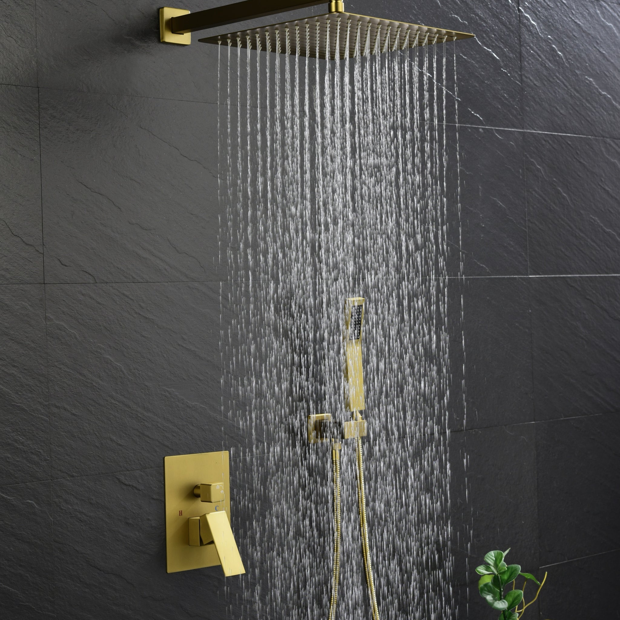 Wall Mounted Shower System Combo Set With Handheld And 16"Shower Head Brushed Gold Bathroom Brass