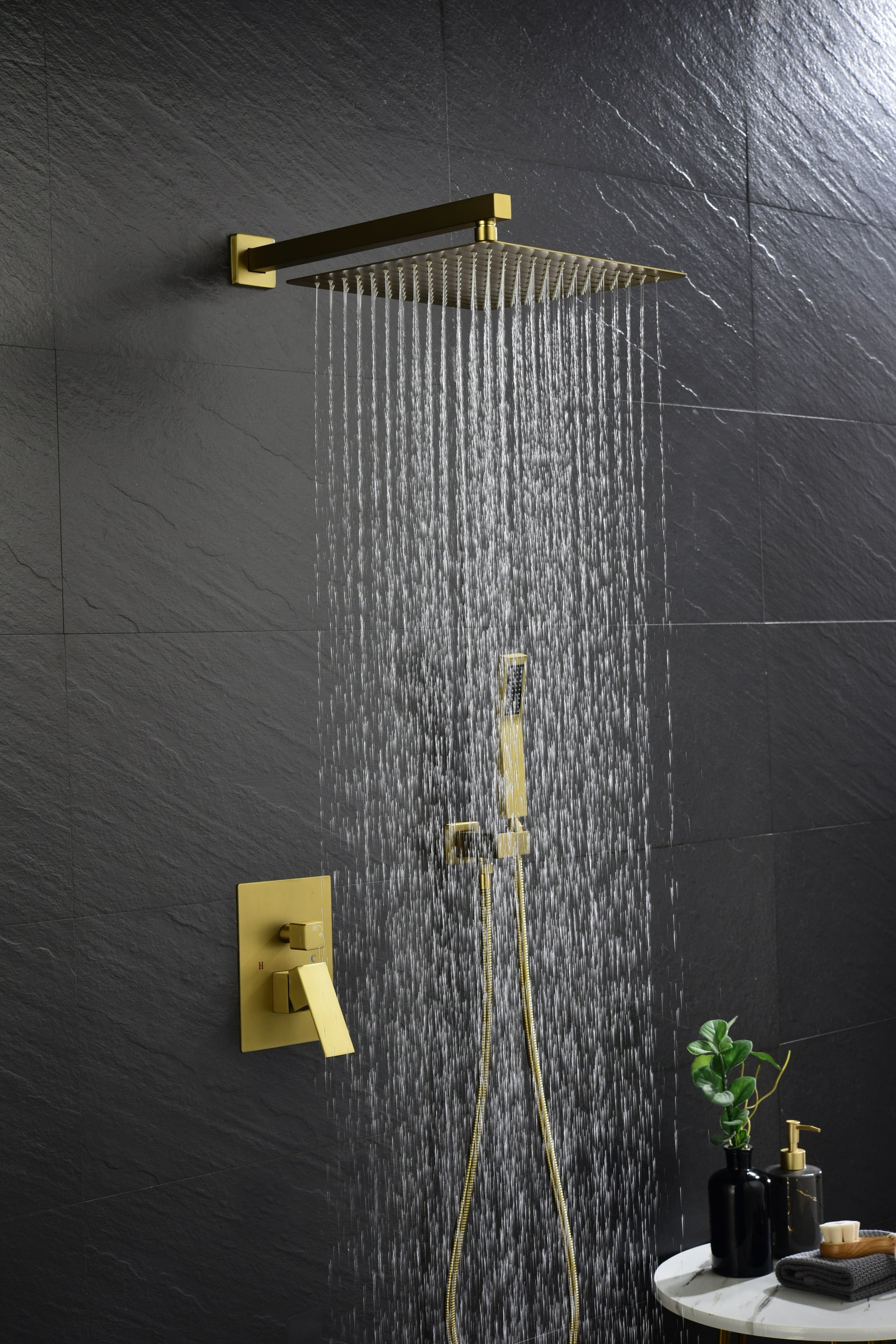 Wall Mounted Shower System Combo Set With Handheld And 16"Shower Head Brushed Gold Bathroom Brass