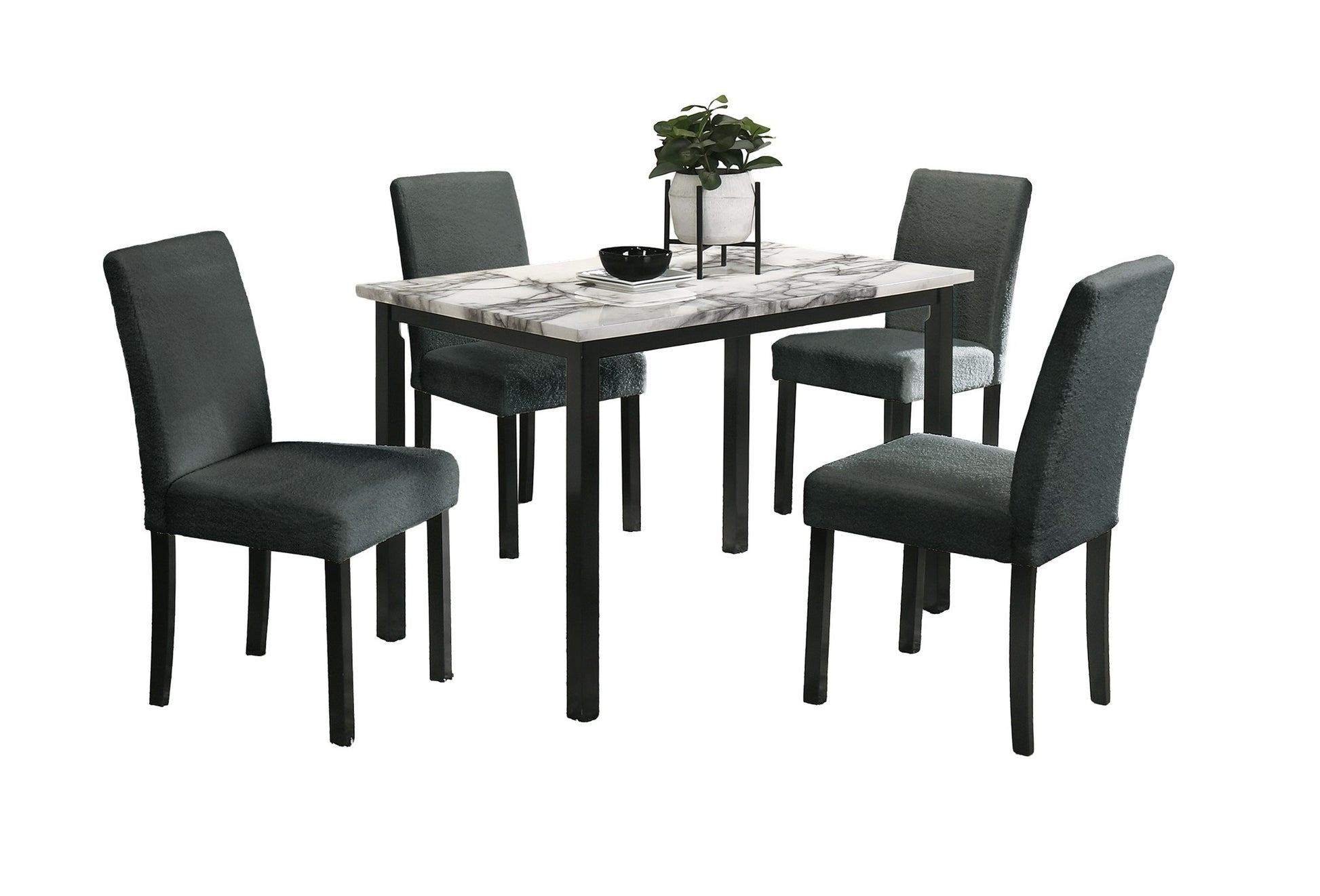 Charcoal Finish Wool Fabric Chairs Faux Marble Top Table 5Pc Dining Set Kitchen Dinette Cushions Upholstered 4X Chairs Dining Room Upholstered Chair Wood Charcoal Solid Back Seats 4 Wood Dining Room Contemporary,Modern,Transitional 4 Leg Rectangular Mdf