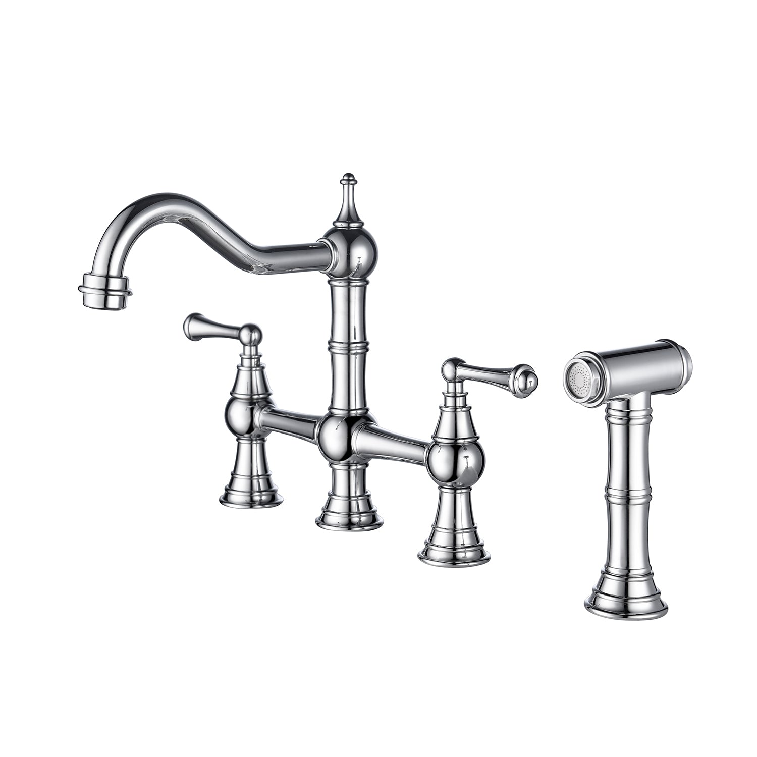 Bridge Dual Handles Kitchen Faucet With Pull Out Side Spray In Chrome Brass