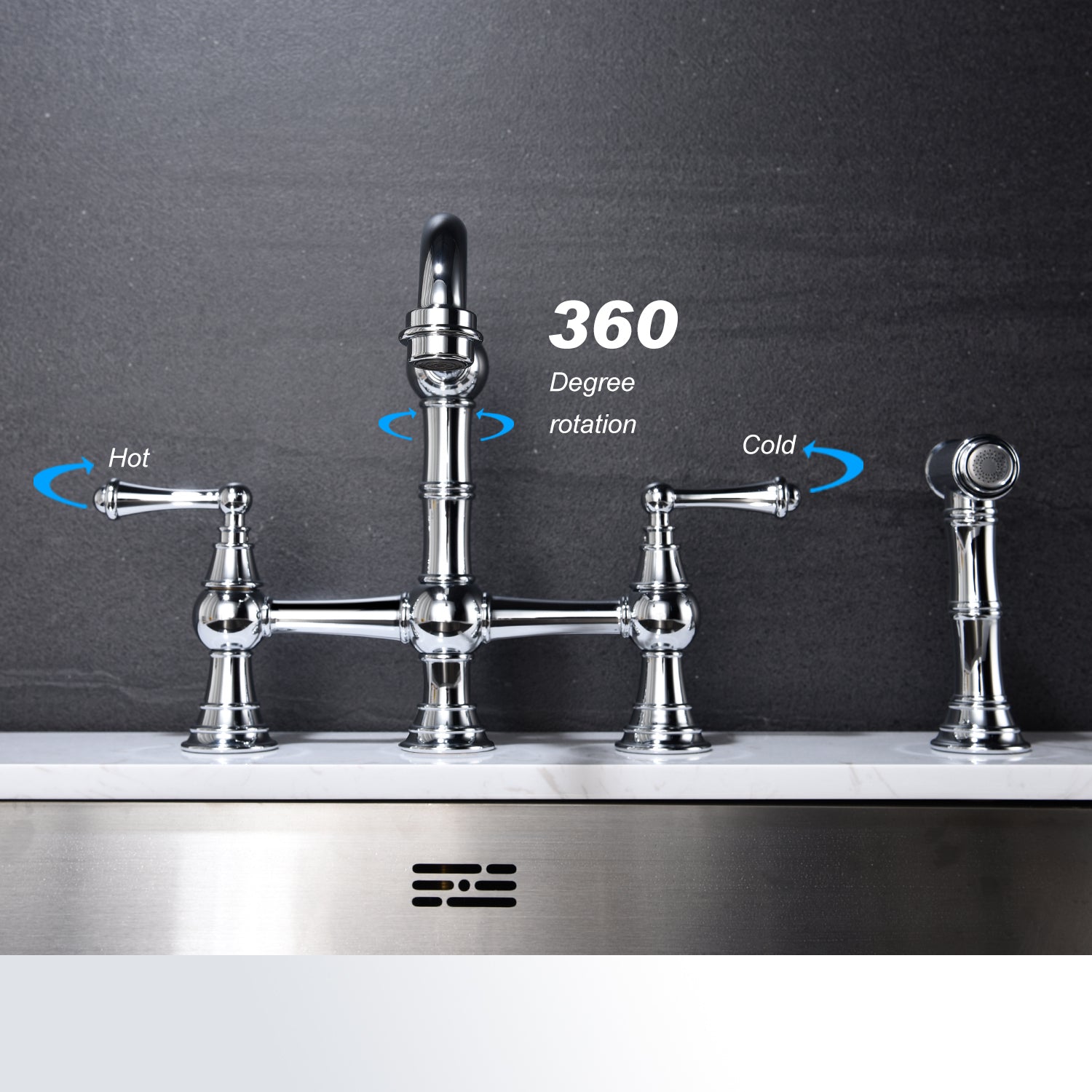 Bridge Dual Handles Kitchen Faucet With Pull Out Side Spray In Chrome Brass