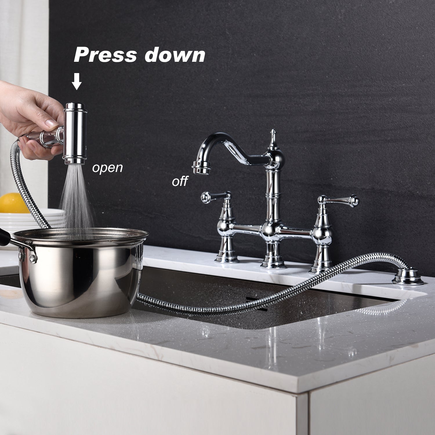Bridge Dual Handles Kitchen Faucet With Pull Out Side Spray In Chrome Brass