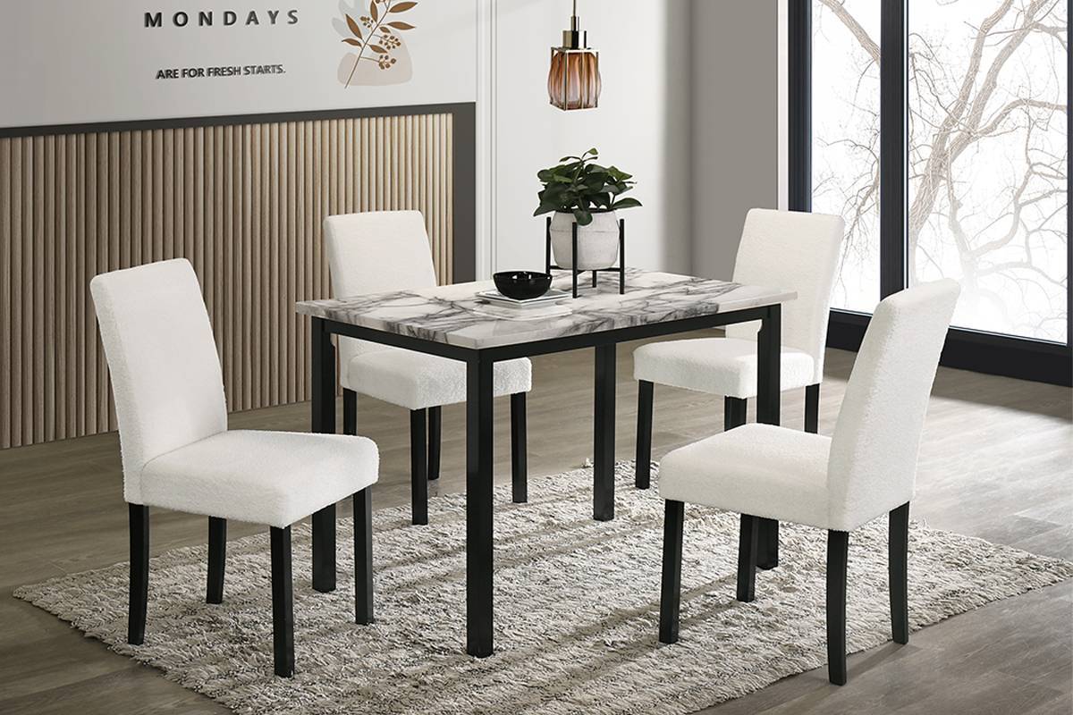 White Color Wool Fabric Chairs Faux Marble Top Table 5Pc Dining Set Kitchen Dinette Cushions Upholstered 4X Chairs Dining Room Upholstered Chair Wood White Solid Back Seats 4 Wood Dining Room Contemporary,Modern,Transitional 4 Leg Rectangular Mdf Dining