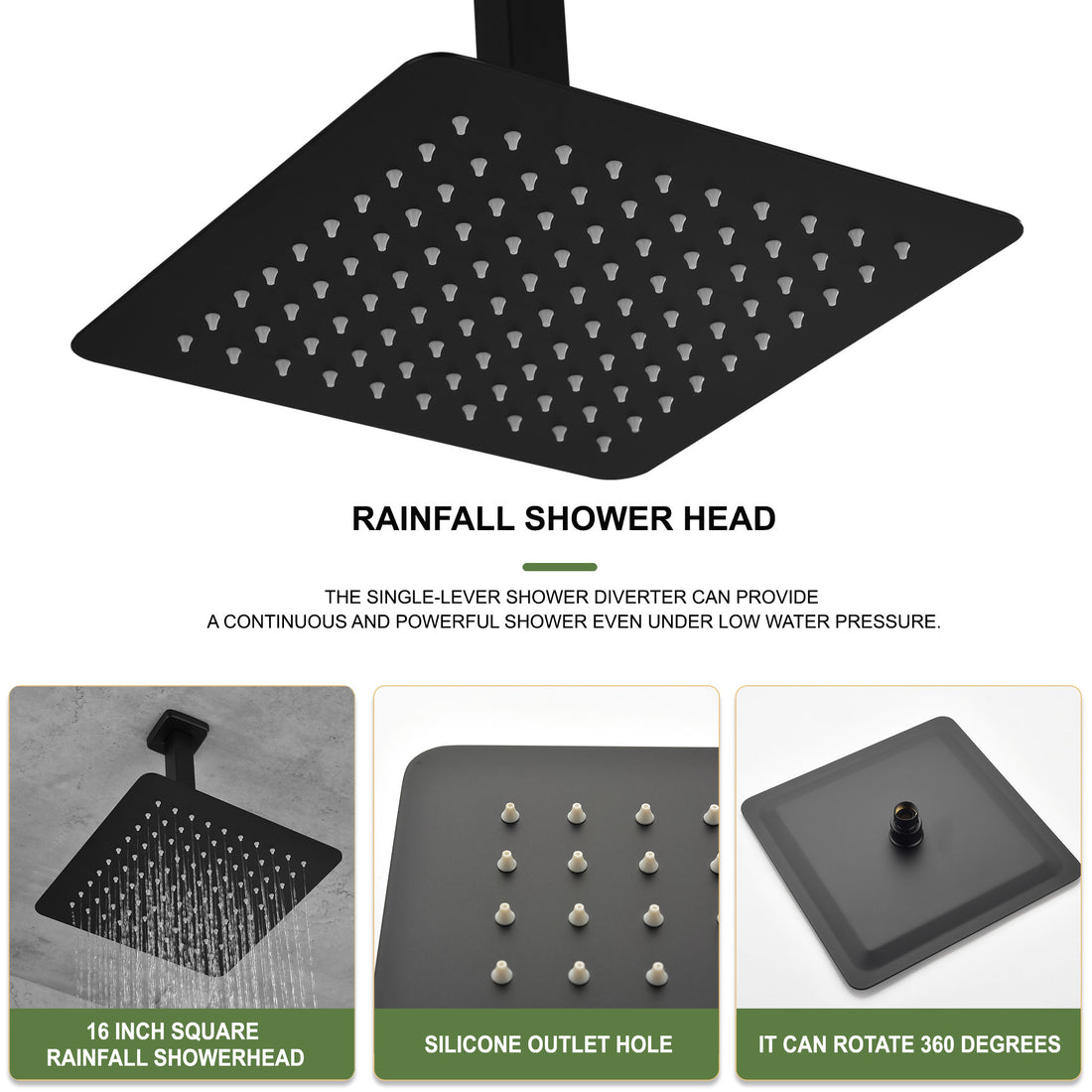 16 Inch Square Rain Shower Head Matte Black 304 Stainless Steel Showerhead Matte Black Bathroom Stainless Steel