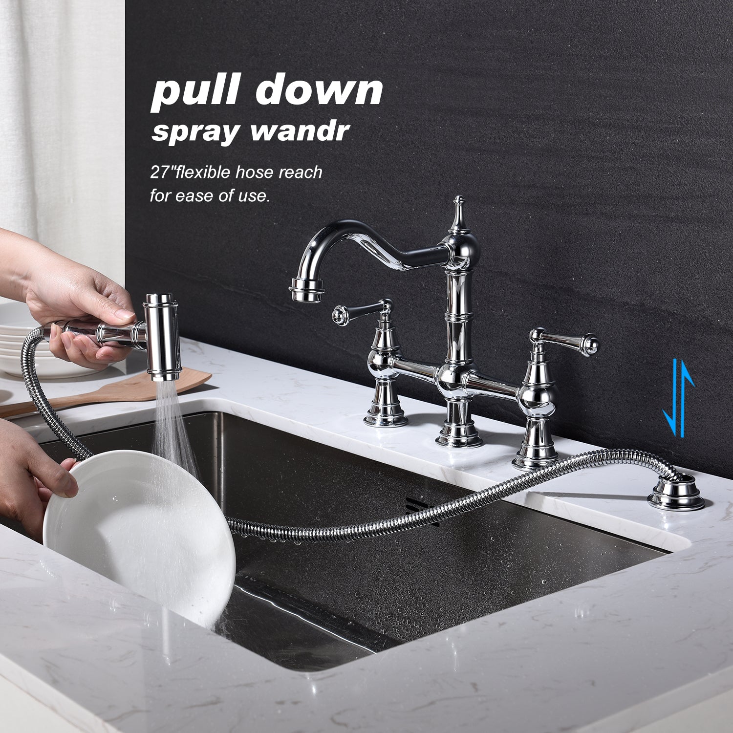 Bridge Dual Handles Kitchen Faucet With Pull Out Side Spray In Chrome Brass