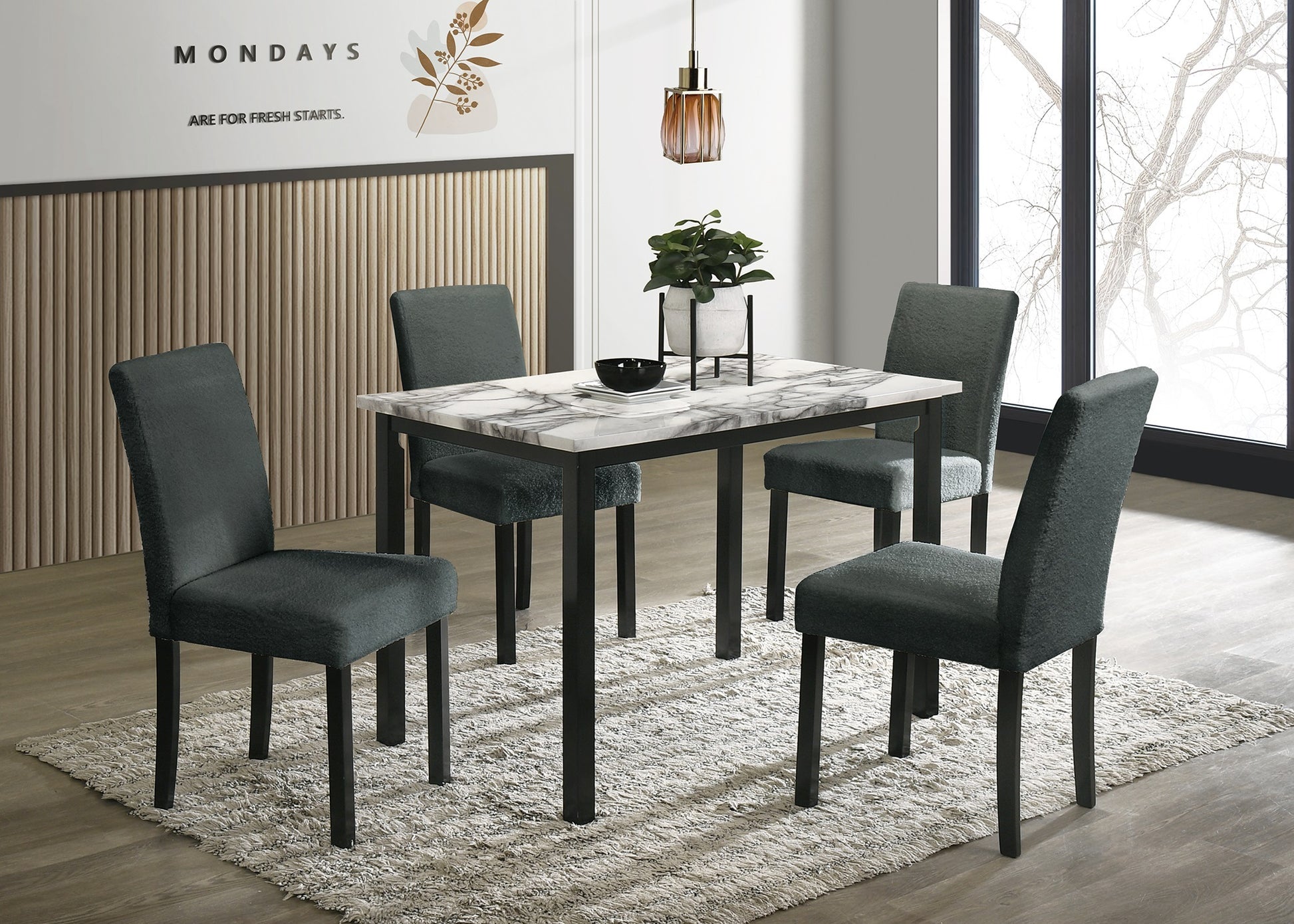 Charcoal Finish Wool Fabric Chairs Faux Marble Top Table 5Pc Dining Set Kitchen Dinette Cushions Upholstered 4X Chairs Dining Room Upholstered Chair Wood Charcoal Solid Back Seats 4 Wood Dining Room Contemporary,Modern,Transitional 4 Leg Rectangular Mdf