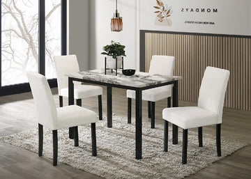 White Color Wool Fabric Chairs Faux Marble Top Table 5Pc Dining Set Kitchen Dinette Cushions Upholstered 4X Chairs Dining Room Upholstered Chair Wood White Solid Back Seats 4 Wood Dining Room Contemporary,Modern,Transitional 4 Leg Rectangular Mdf Dining