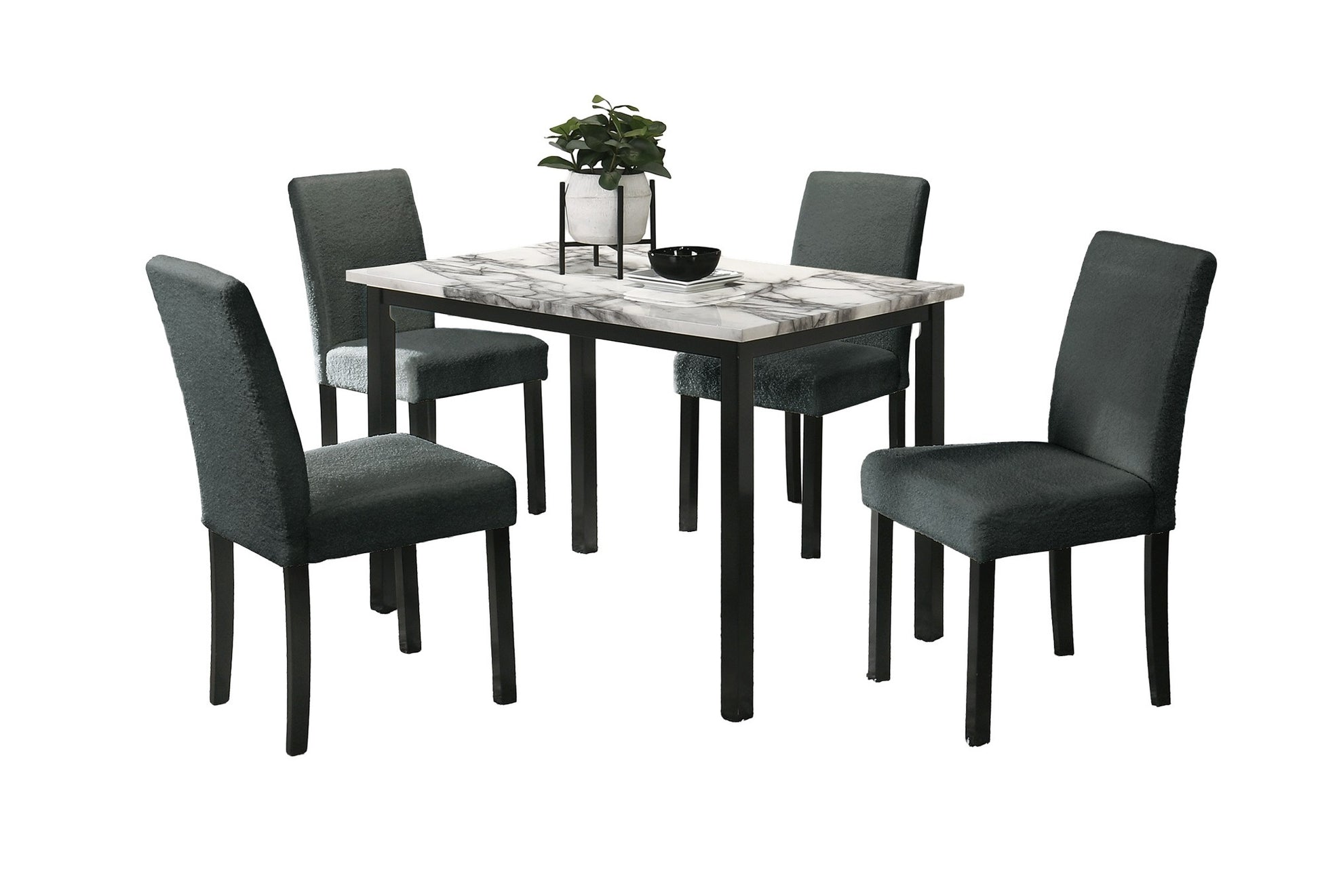 Charcoal Finish Wool Fabric Chairs Faux Marble Top Table 5Pc Dining Set Kitchen Dinette Cushions Upholstered 4X Chairs Dining Room Upholstered Chair Wood Charcoal Solid Back Seats 4 Wood Dining Room Contemporary,Modern,Transitional 4 Leg Rectangular Mdf