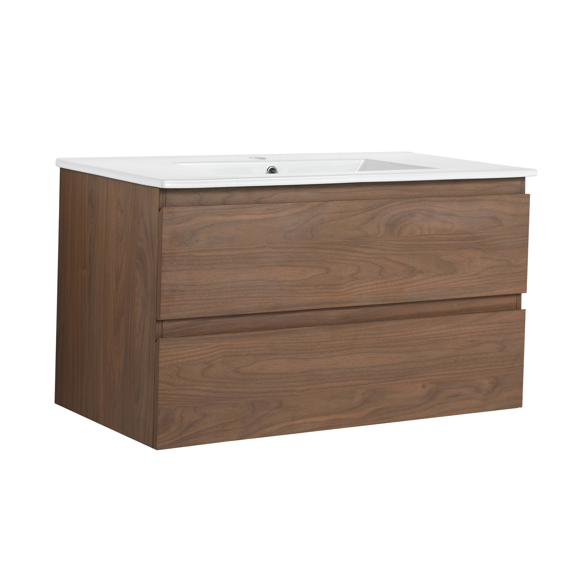 36" Wall Mounted Bathroom Vanity With Ceramic Sink, 2 Soft Close Drawers, Kd Package 2 Brown Oak Bathroom Wall Mounted Modern Plywood