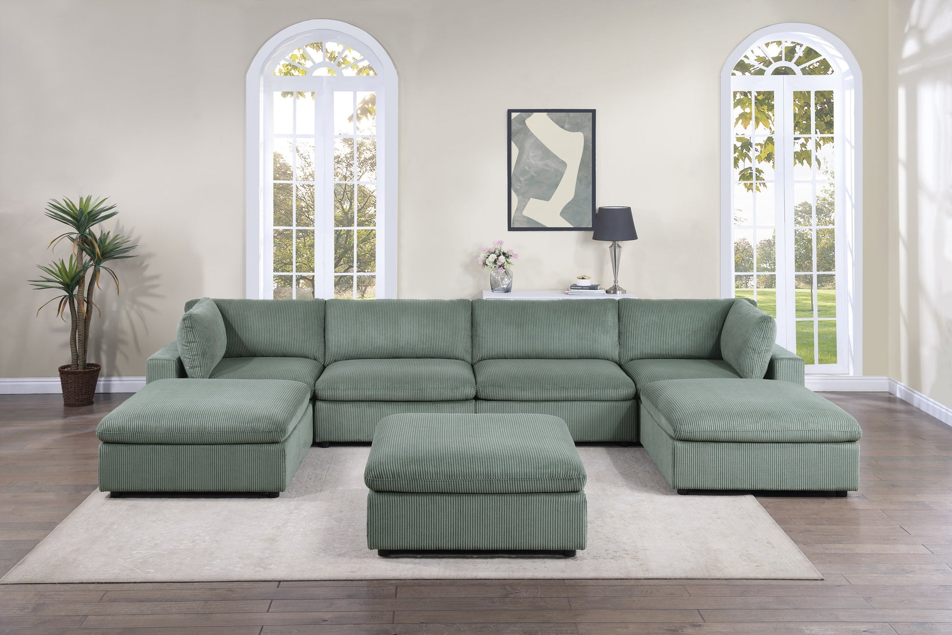 Contemporary Living Room Furniture Ottoman Sage Color Corduroy 1Pc Soft Cushion Ottoman Wood Legs Sage Primary Living Space Solid Contemporary,Modern Square Corduroy