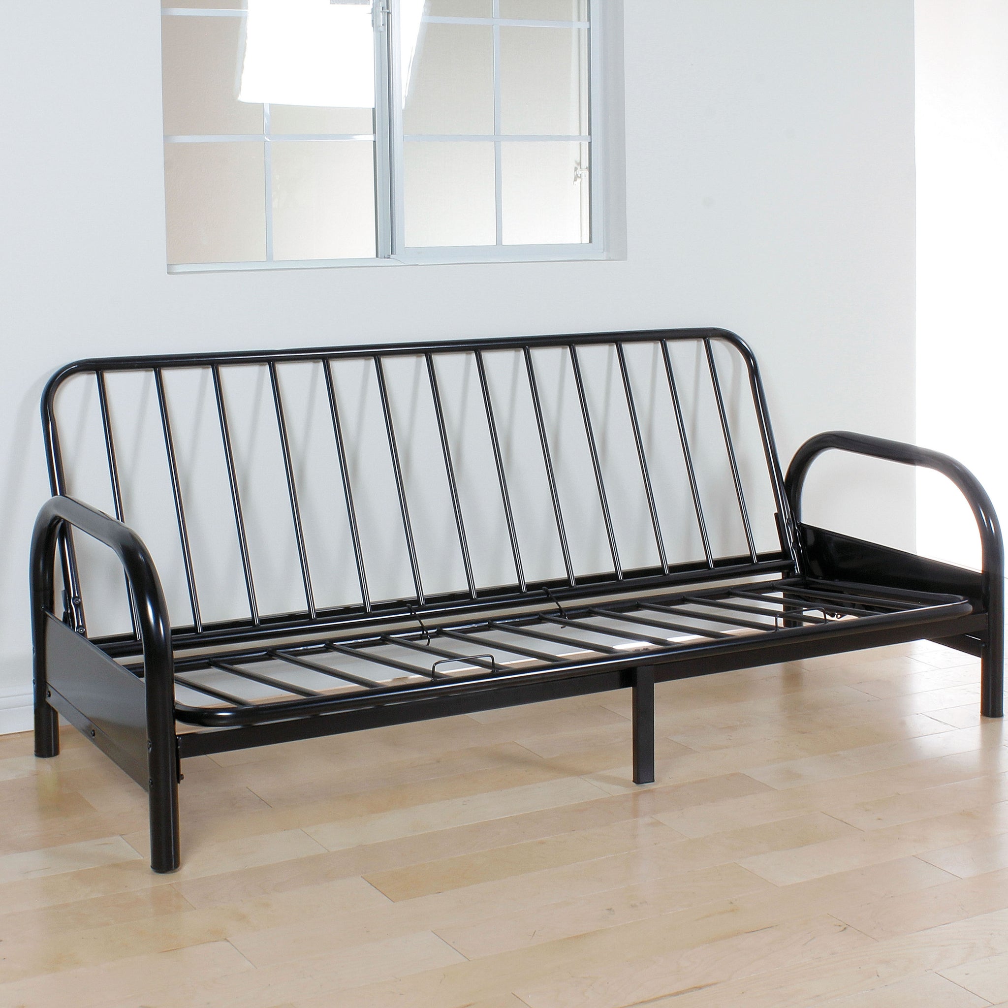 Black Adjustable Futon Frame Black Metal Primary Living Space Tight Back Contemporary Metal 3 Seat