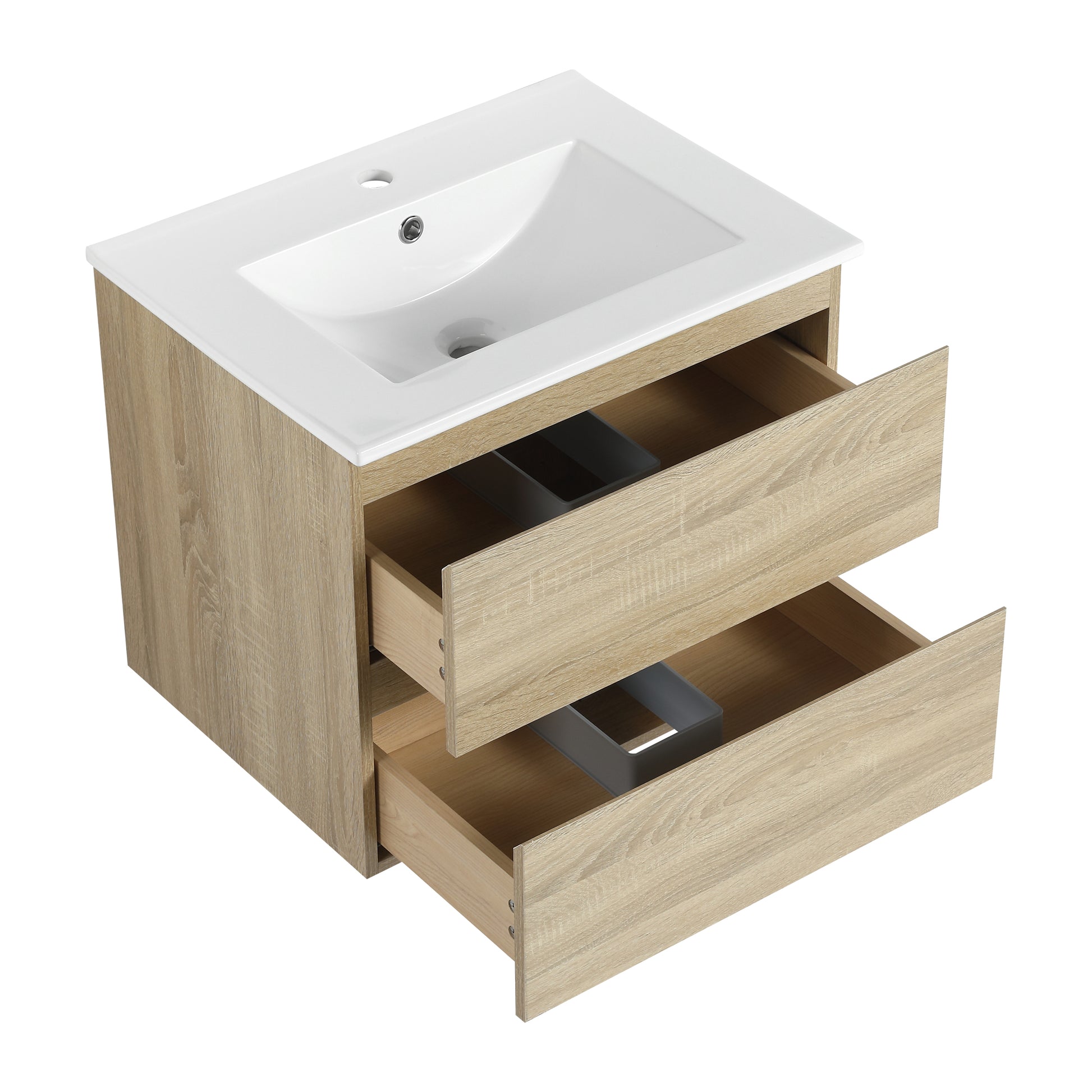 24" Wall Mounted Bathroom Vanity With Ceramic Sink, 2 Soft Close Drawers, Kd Package 2 Light Oak Bathroom Wall Mounted Modern Plywood