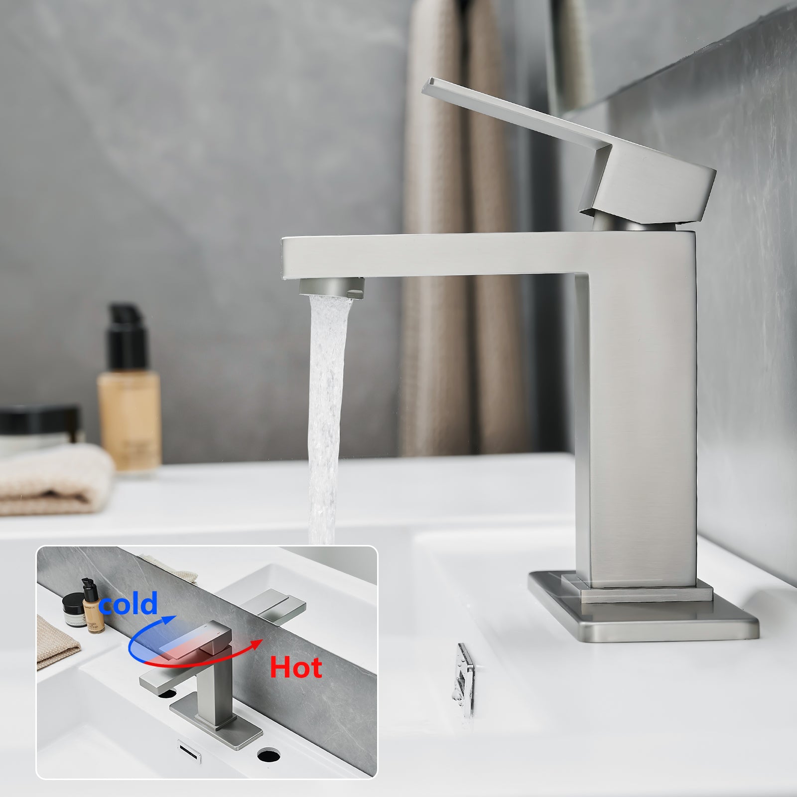 Sink Faucet With Deck Plate Waterfall Brushsed With Pop Up Drain And Supply Lines Bathroom Faucets For Sink 1 Hole One Handle Faucets Vanity Bath Mixer Tap Bathroom Joystick Geometric One Brushed Nickel Side Sprayer Deck Mounted Cartridge Valve Single