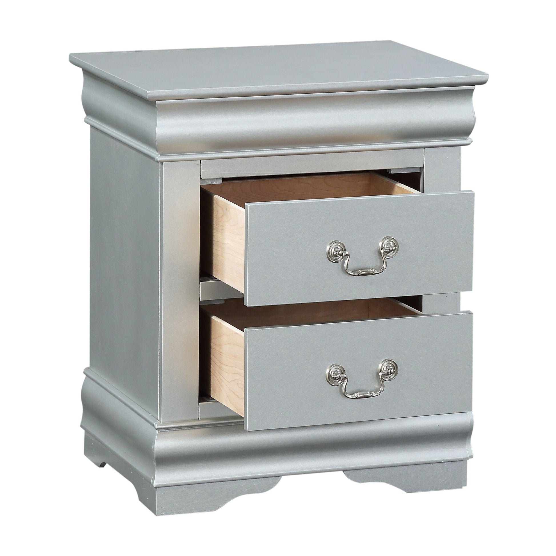 Platinum 2 Drawer Nightstand Silver 2 Drawers Bedroom Rectangle Modern Rubberwood Solid Wood Silver Wood