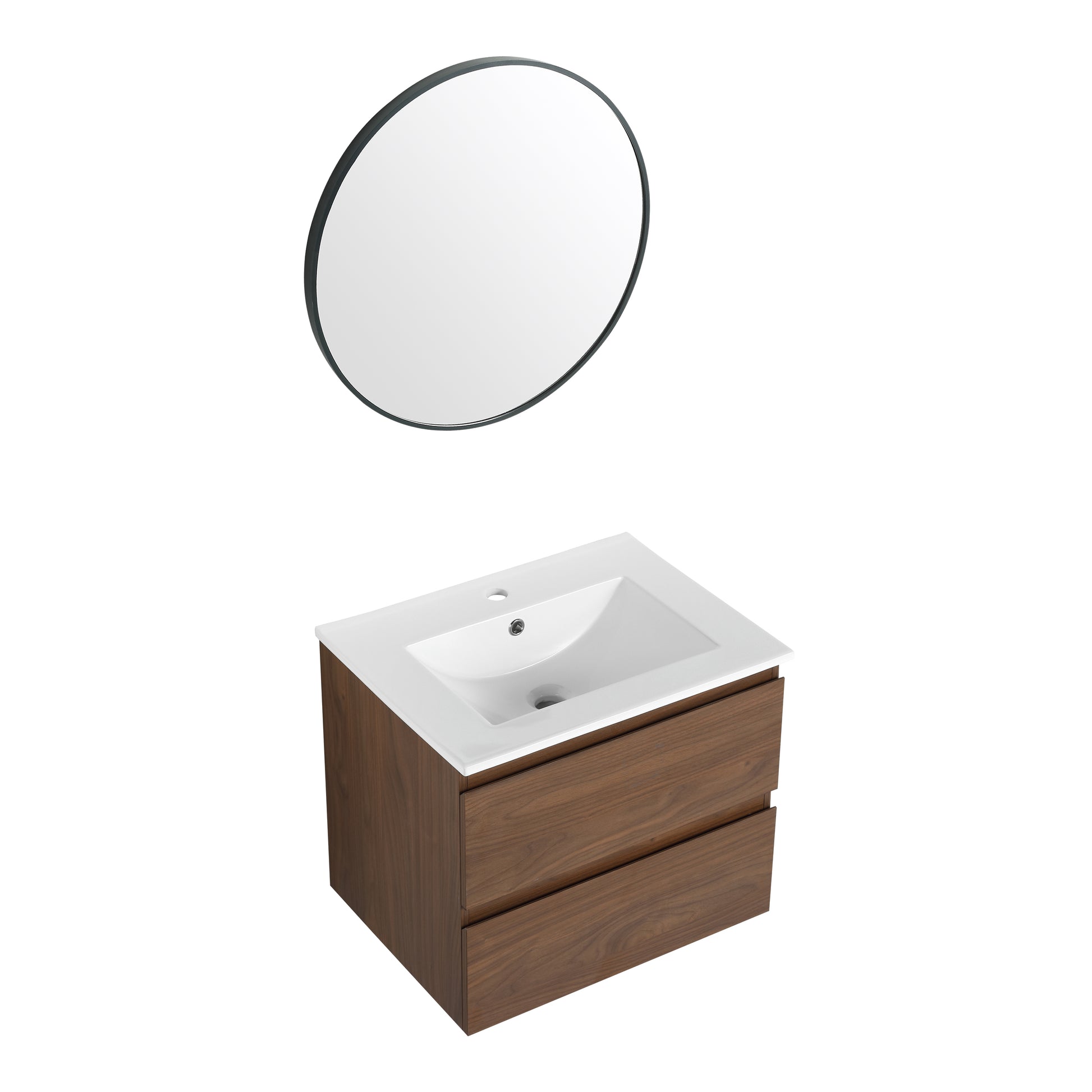 24" Wall Mounted Bathroom Vanity With Ceramic Sink, 2 Soft Close Drawers, Kd Package 2 Brown Oak Bathroom Wall Mounted Modern Plywood