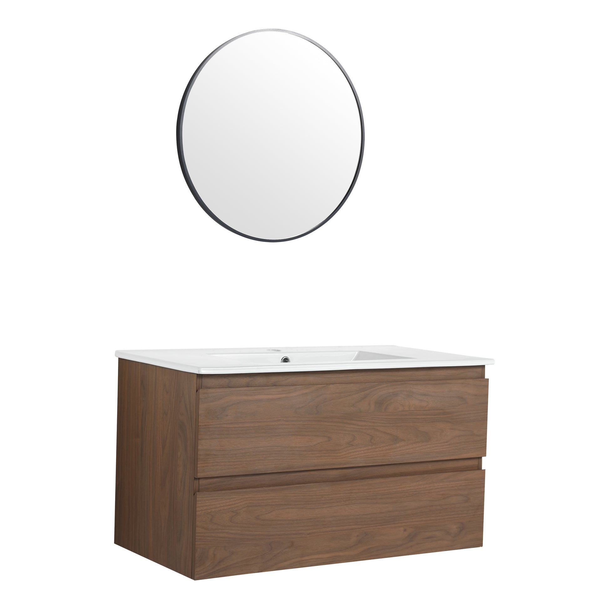 36" Wall Mounted Bathroom Vanity With Ceramic Sink, 2 Soft Close Drawers, Kd Package 2 Brown Oak Bathroom Wall Mounted Modern Plywood