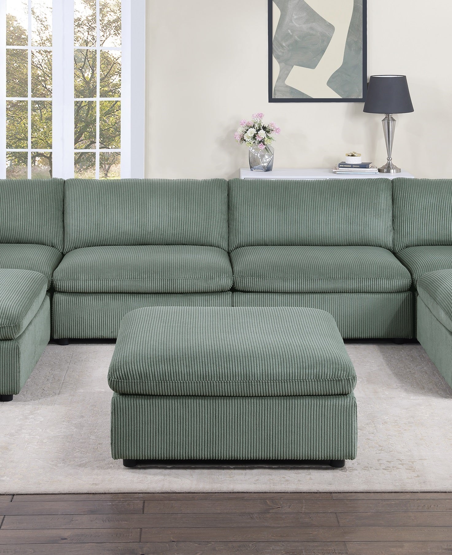 Contemporary Living Room Furniture Ottoman Sage Color Corduroy 1Pc Soft Cushion Ottoman Wood Legs Sage Primary Living Space Solid Contemporary,Modern Square Corduroy