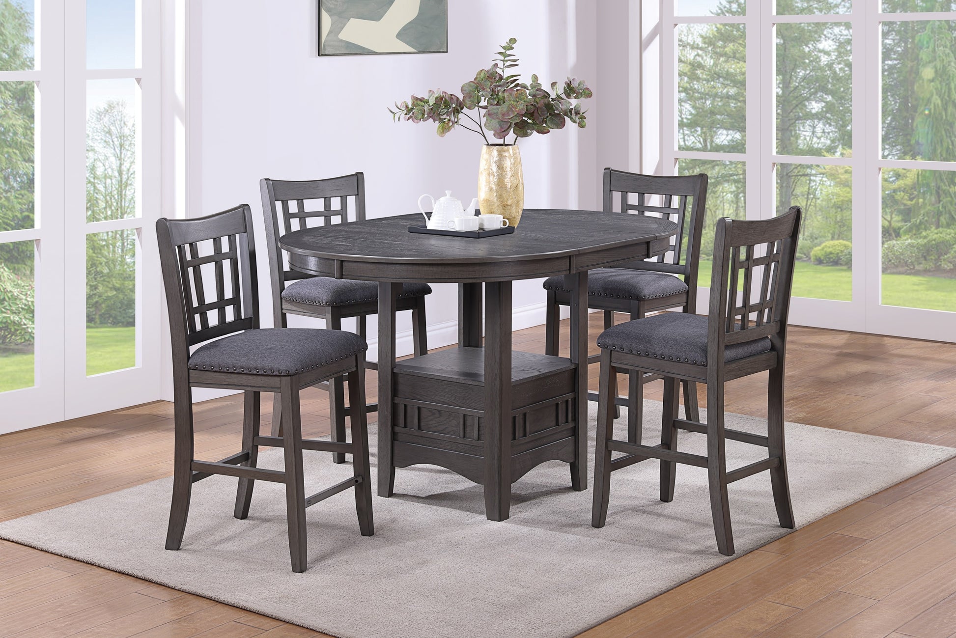 Contemporary Dining Room Counter Height 5Pc Dining Set Round Table W Leaf And 4X Side Chairs Gray Finish Solid Wood Light Brown Wood Dining Room Solid Wood Rubberwood Round Dining Table With Chair Wood Wood Gray Seats 4 42 Inches Drop Leaf