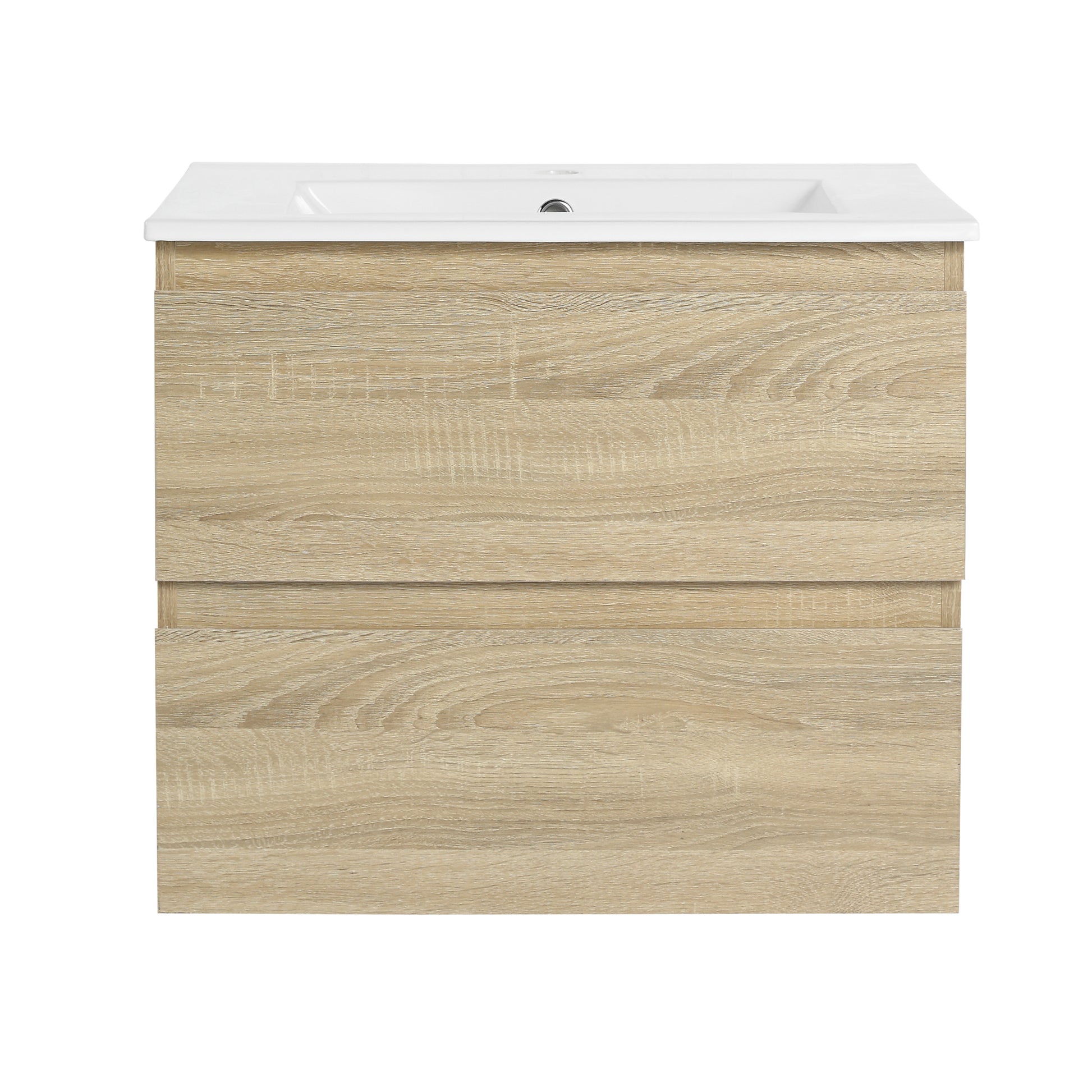 24" Wall Mounted Bathroom Vanity With Ceramic Sink, 2 Soft Close Drawers, Kd Package 2 Light Oak Bathroom Wall Mounted Modern Plywood