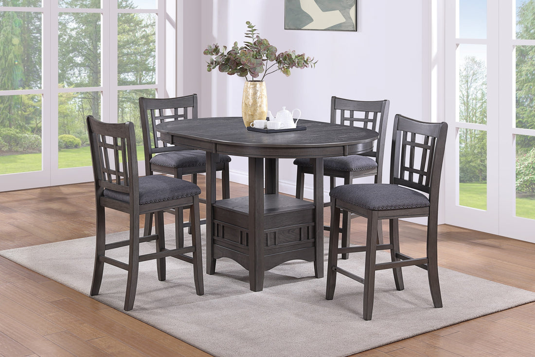 Contemporary Dining Room Counter Height 5Pc Dining Set Round Table W Leaf And 4X Side Chairs Gray Finish Solid Wood Light Brown Wood Dining Room Solid Wood Rubberwood Round Dining Table With Chair Wood Wood Gray Seats 4 42 Inches Drop Leaf