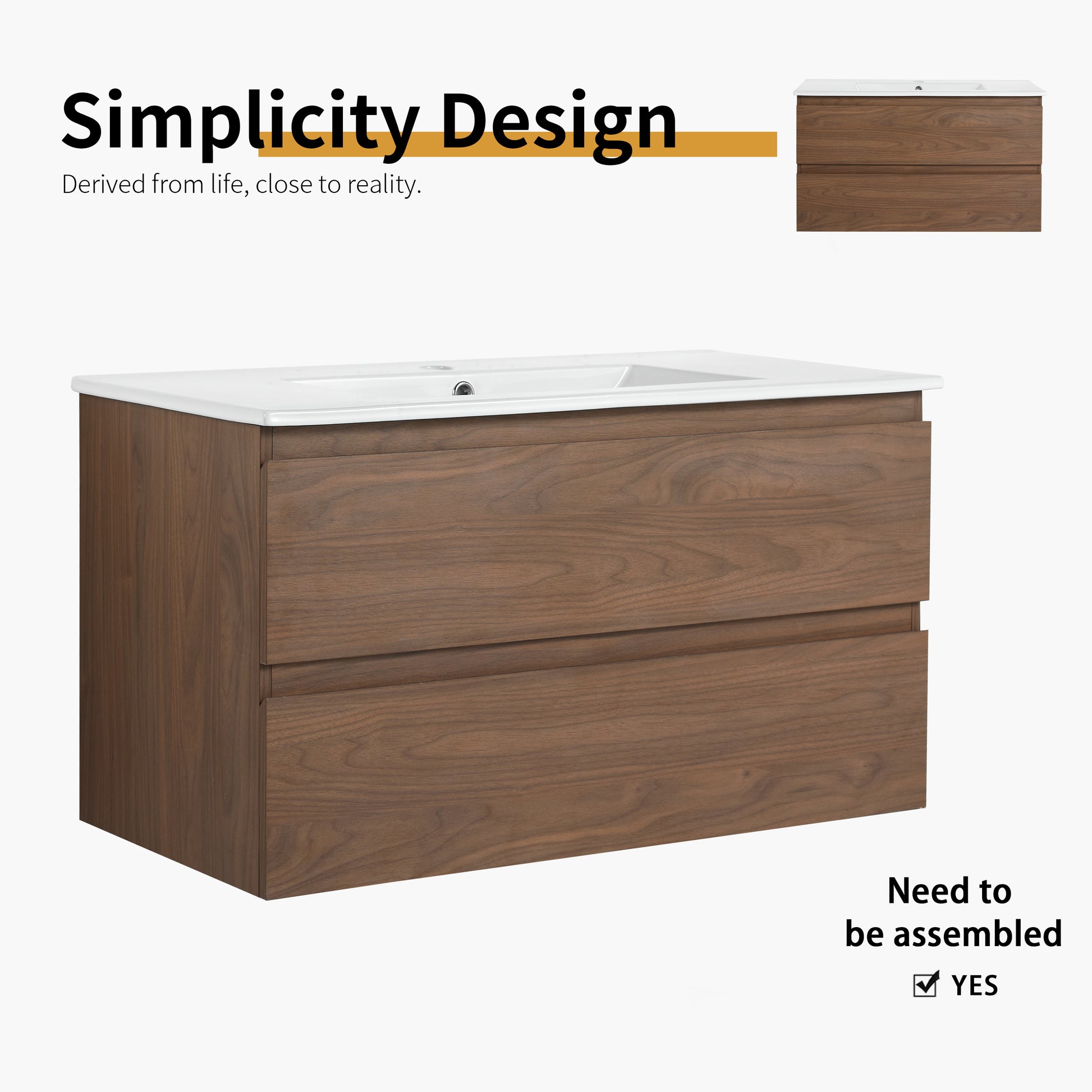 36" Wall Mounted Bathroom Vanity With Ceramic Sink, 2 Soft Close Drawers, Kd Package 2 Brown Oak Bathroom Wall Mounted Modern Plywood